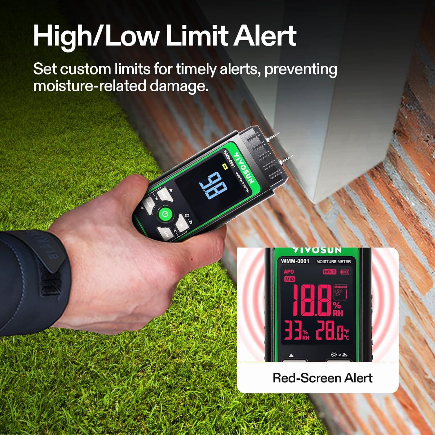 Medidor de Humedad de Madera VIVOSUN 3 en 1 Digital con Pantalla Color