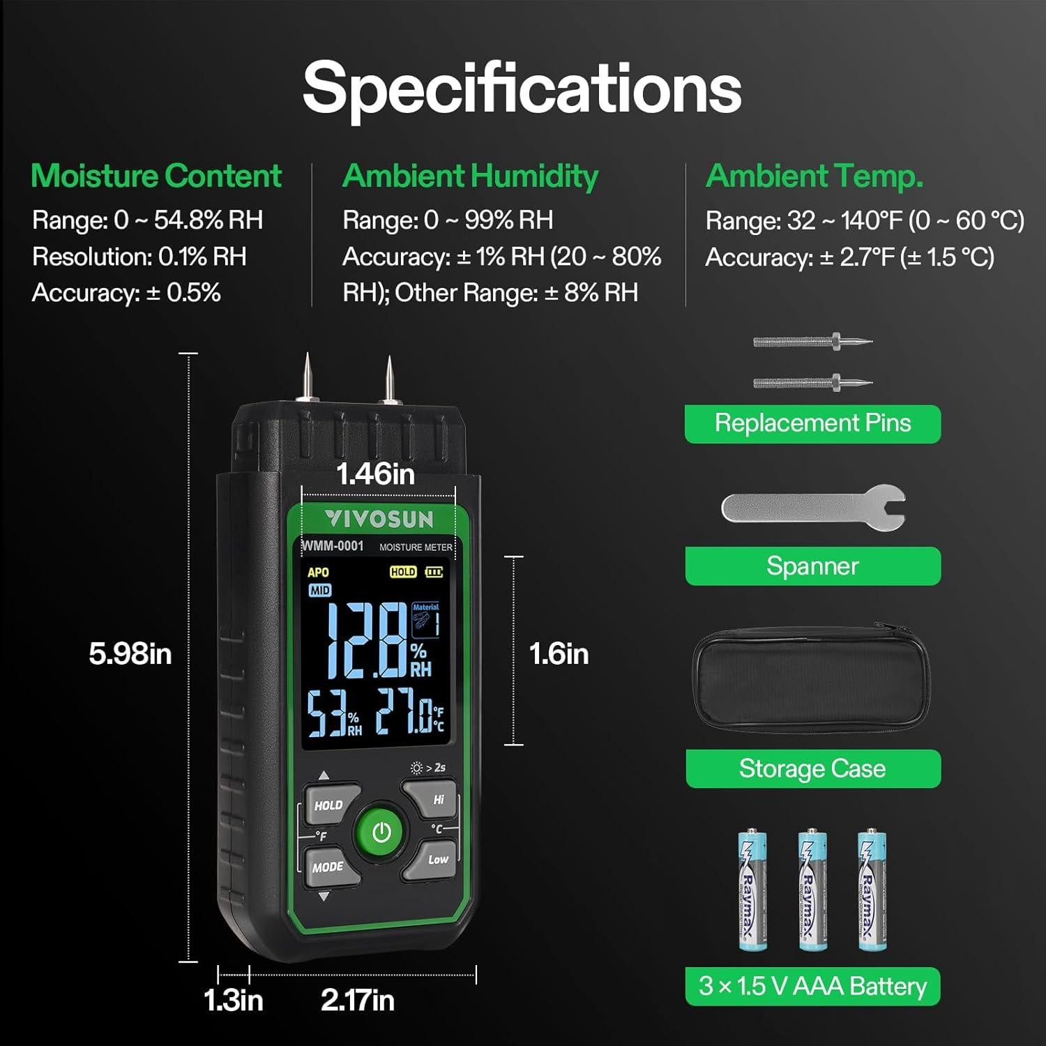 Medidor de Humedad de Madera VIVOSUN 3 en 1 Digital con Pantalla Color