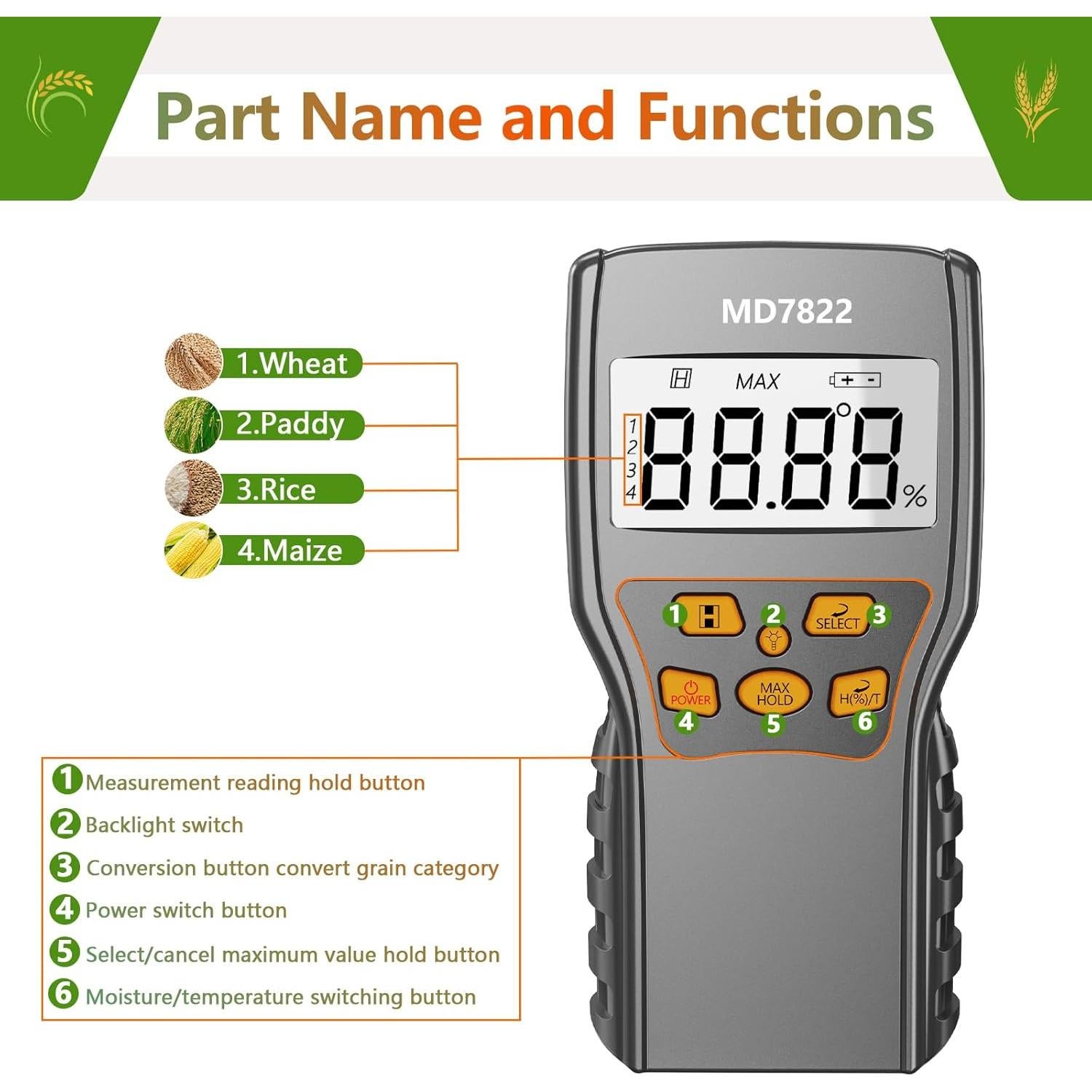 Medidor de Humedad de Granos Kereinpo MD7822 Preciso y Rápido