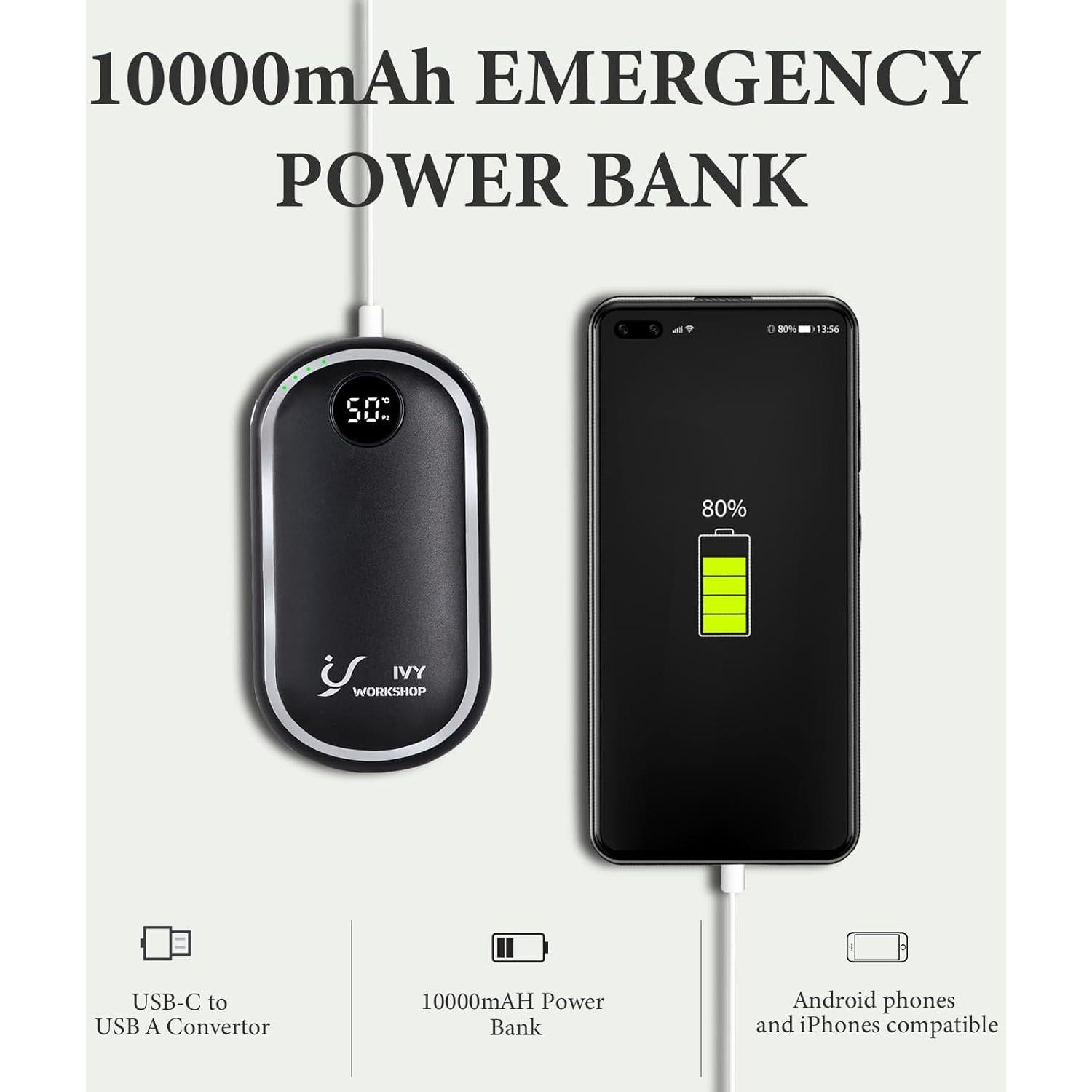 Calentador de Manos Recargable IvyWorkshop 10000mAh Negro