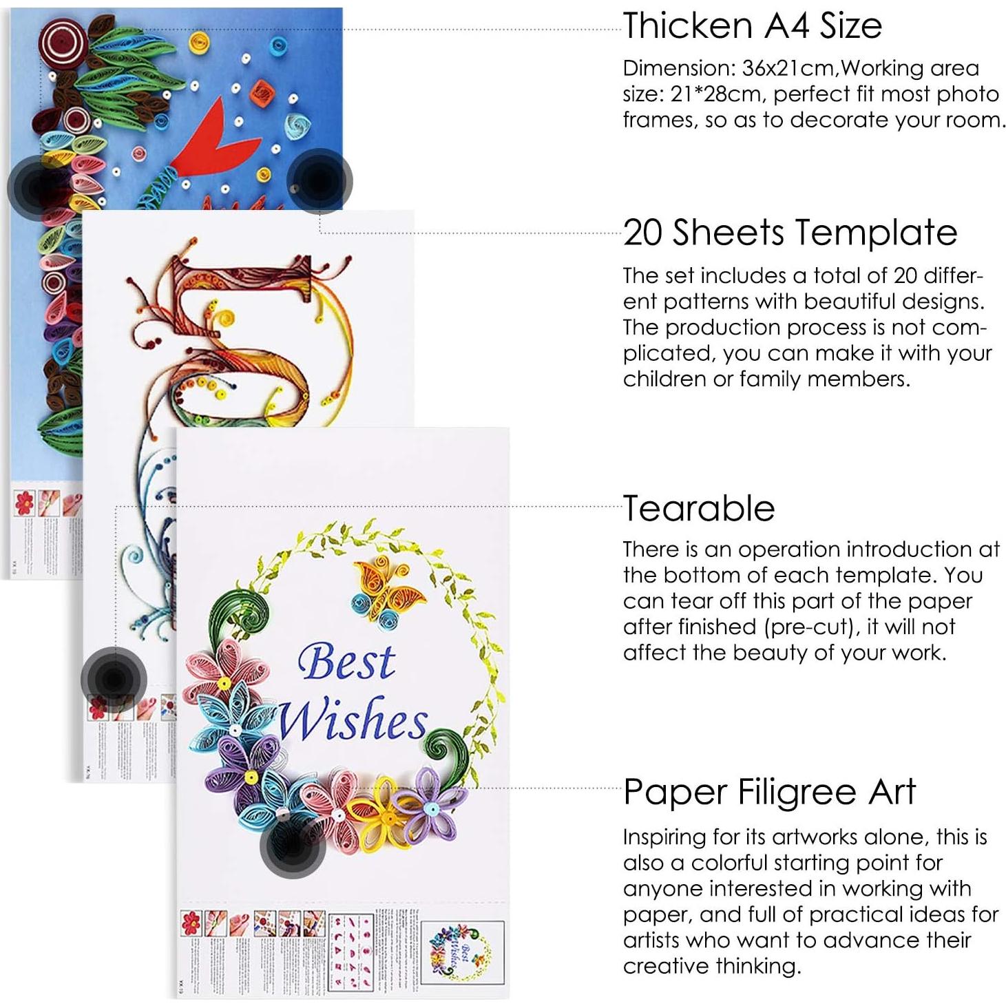 Rancco 20 Plantillas Quilling A4 + 10 Hojas PVC Transparentes