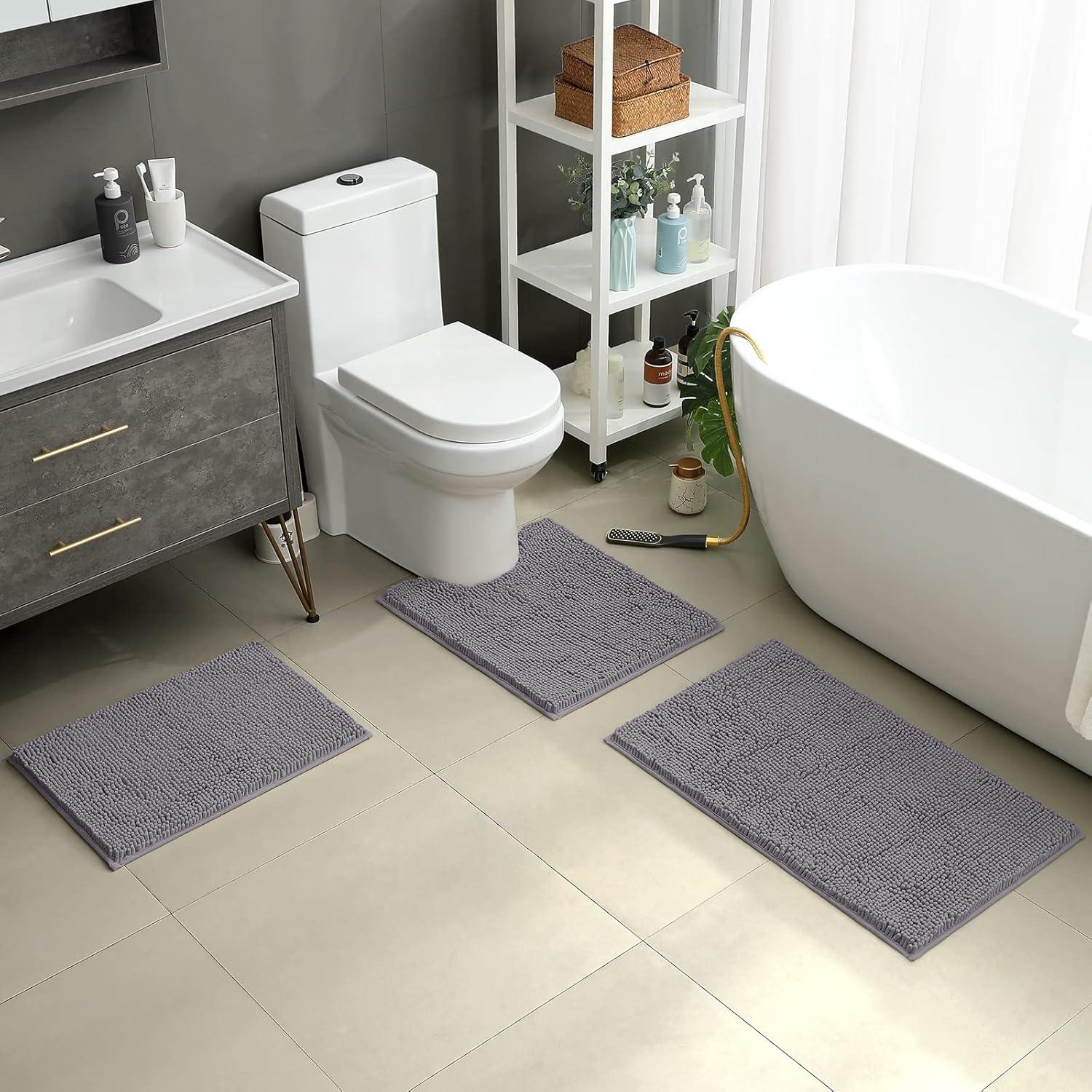 Juego de Alfombrillas de Baño HOMEIDEAS 3 Piezas Chenille Gris
