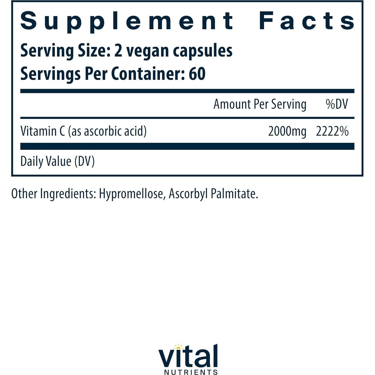 Vitamina C 1000mg Vital Nutrients - Antioxidante Vegano 120 Cápsulas