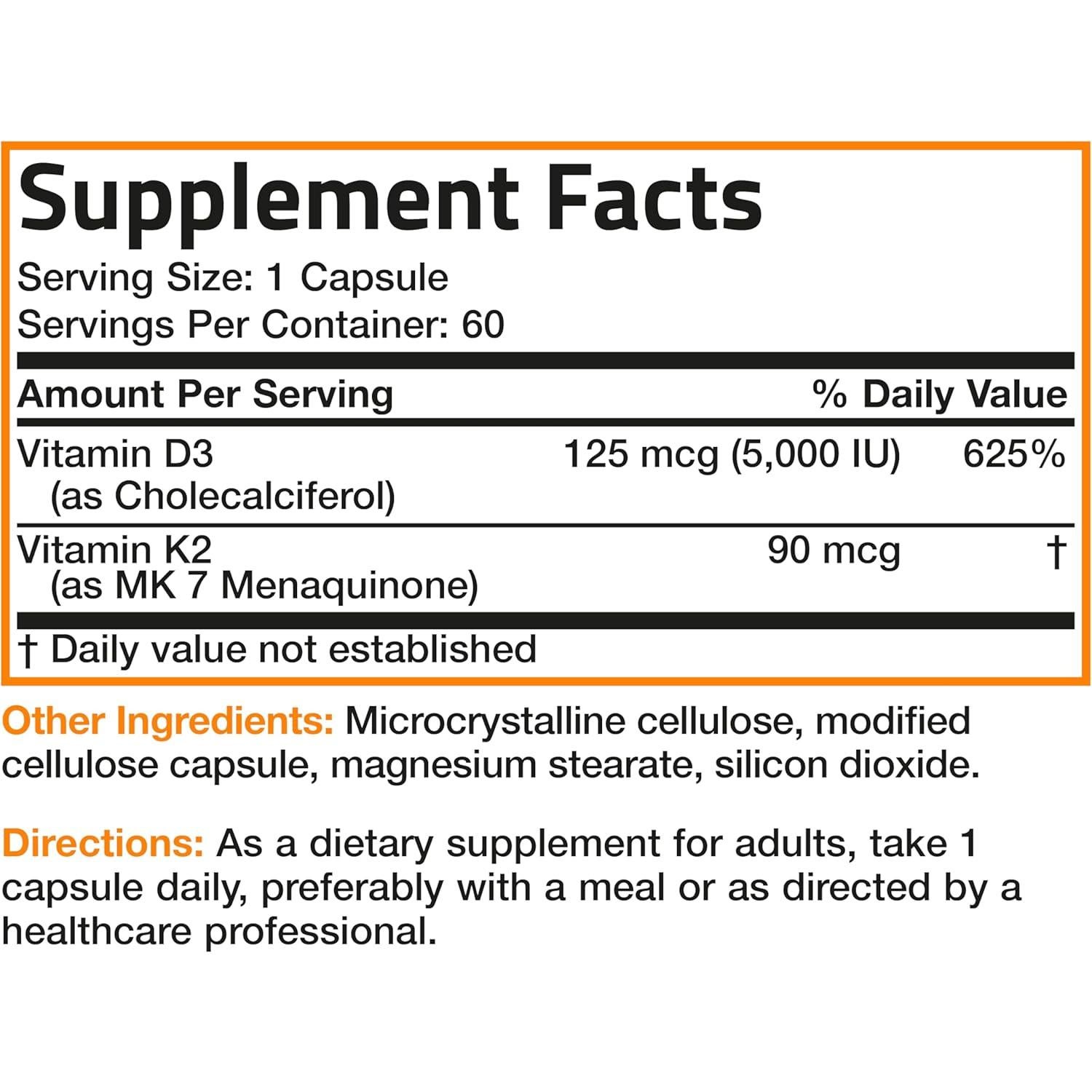Suplemento Vitamina K2 D3 Bronson 60 Cápsulas 5000UI