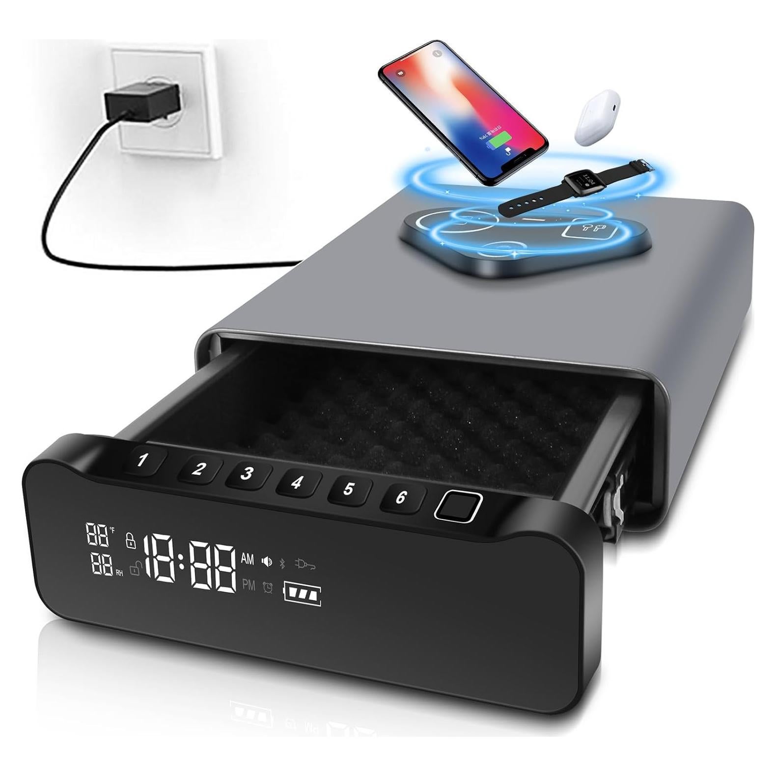 Caja Fuerte Biometrica FTOP con Reloj Despertador y Carga Inalambrica