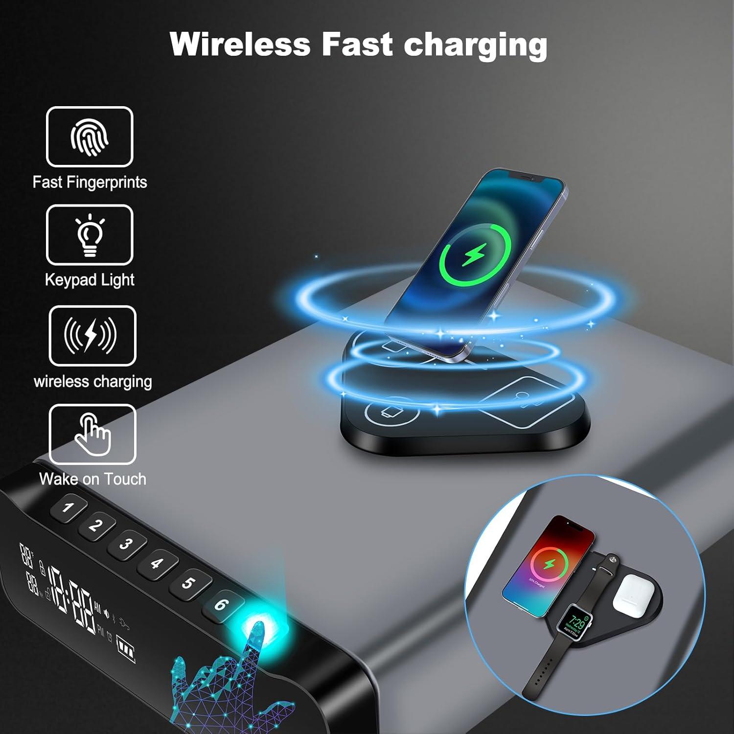 Caja Fuerte Biometrica FTOP con Reloj Despertador y Carga Inalambrica