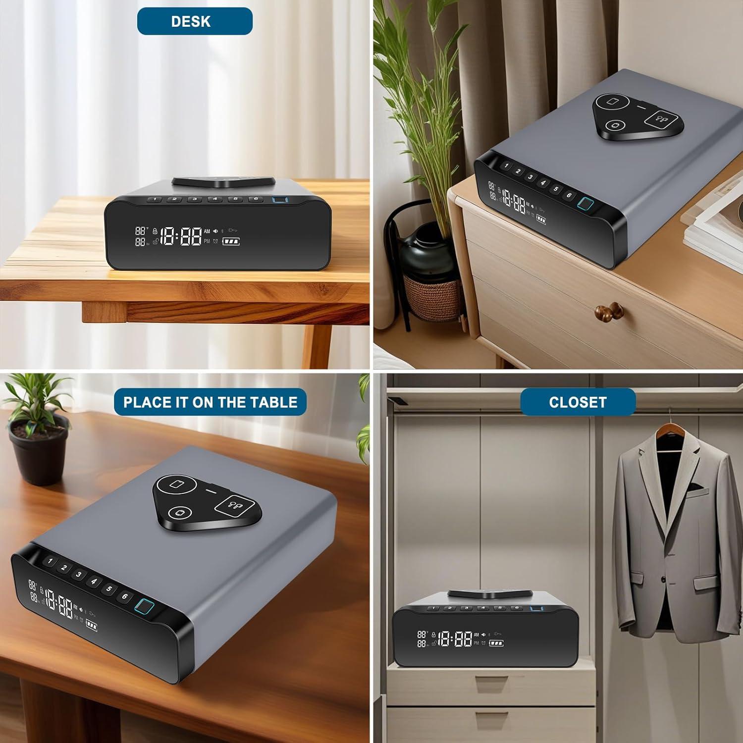 Caja Fuerte Biometrica FTOP con Reloj Despertador y Carga Inalambrica