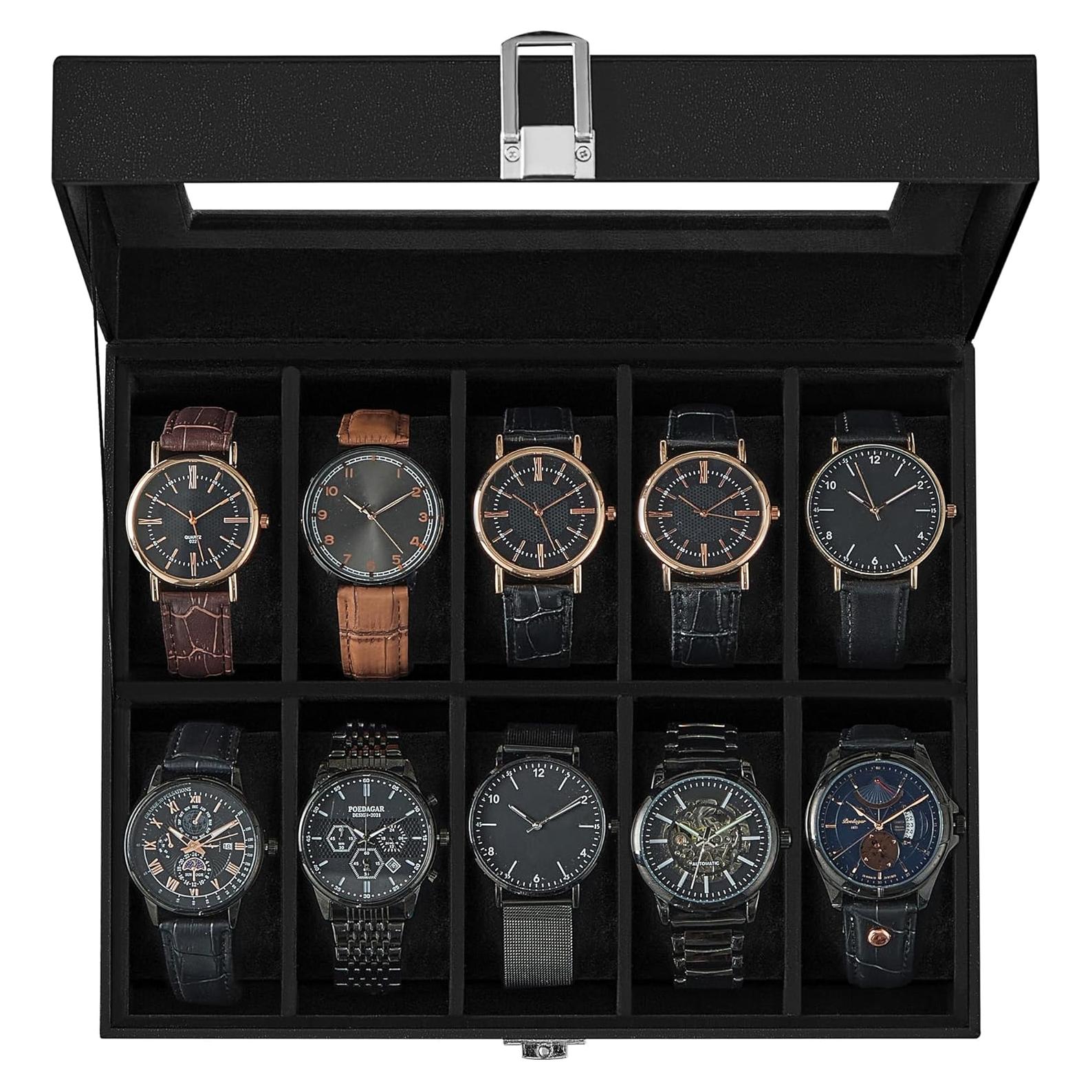 Caja de Reloj SONGMICS 10 Compartimentos con Tapa de Vidrio
