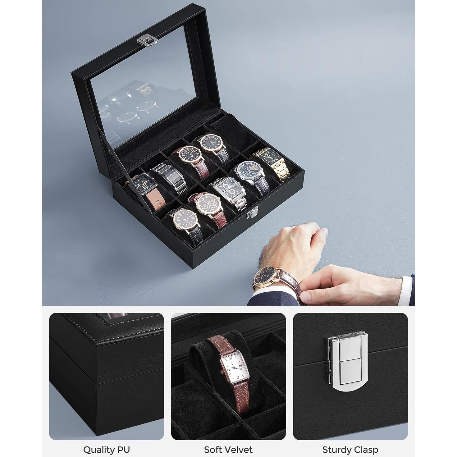 Caja de Reloj SONGMICS 10 Compartimentos con Tapa de Vidrio