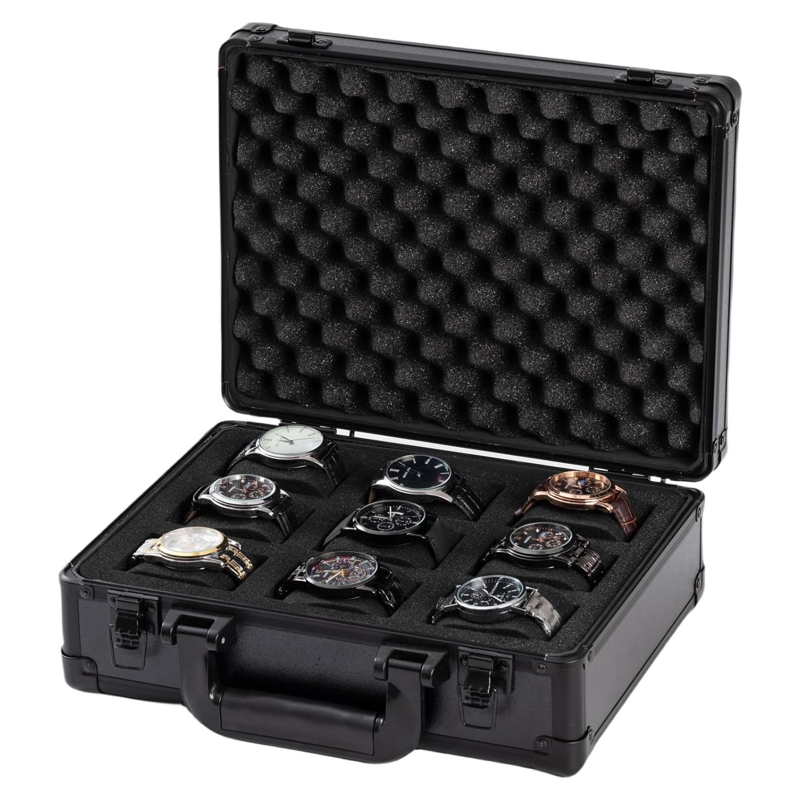 Caja de Reloj Comlly de Aluminio Negro con 9 Ranuras