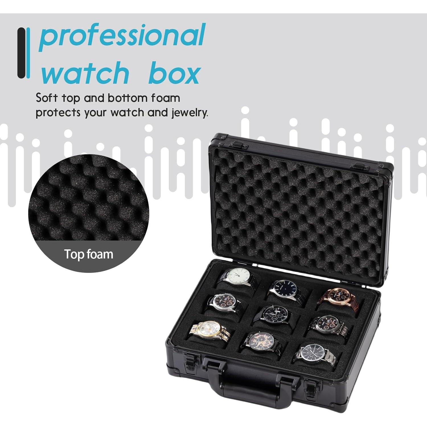 Caja de Reloj Comlly de Aluminio Negro con 9 Ranuras