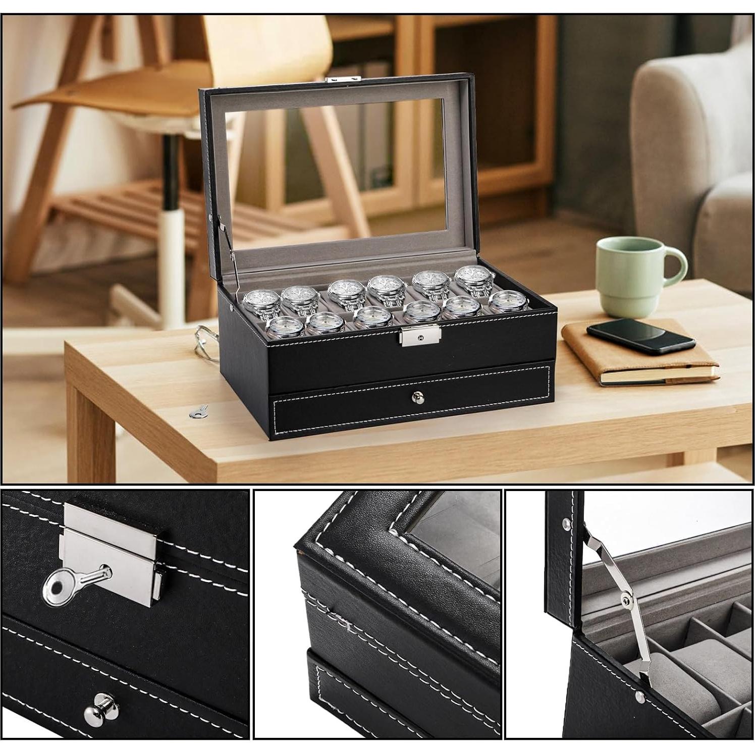 Caja de Reloj Tebery 12 Compartimentos con Tapa de Vidrio