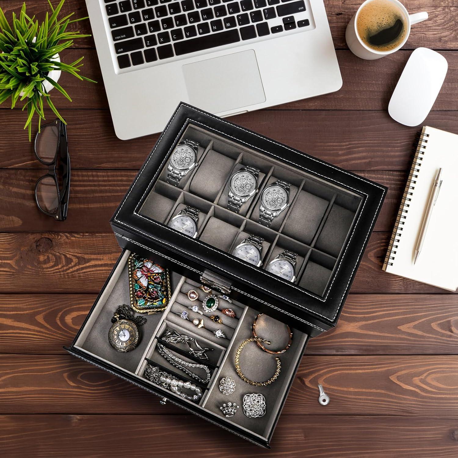 Caja de Reloj Tebery 12 Compartimentos con Tapa de Vidrio