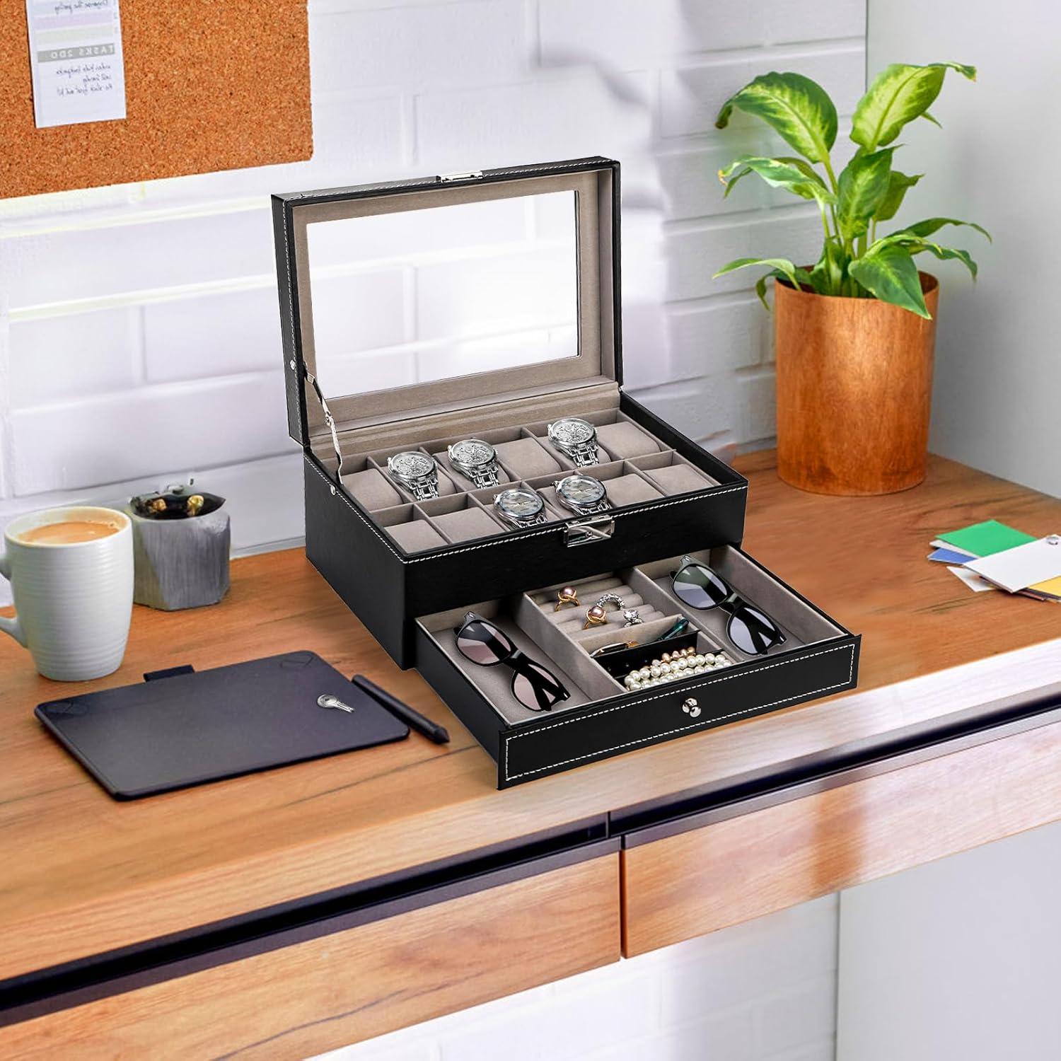 Caja de Reloj Tebery 12 Compartimentos con Tapa de Vidrio