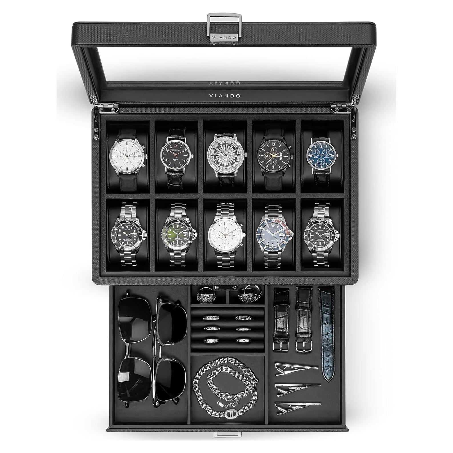 Caja de Reloj Vlando 10 Compartimentos con Cerradura Negra