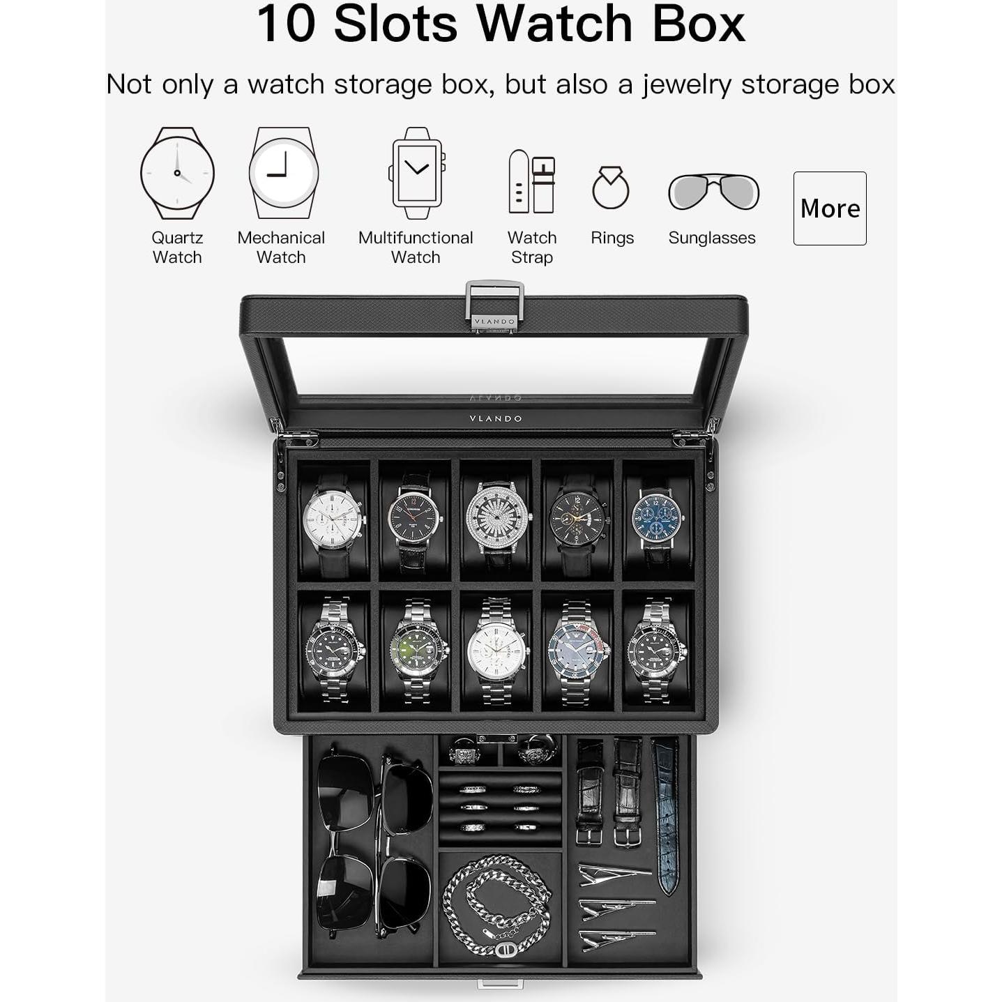 Caja de Reloj Vlando 10 Compartimentos con Cerradura Negra