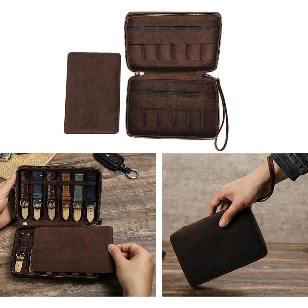 Caja de Viaje para 12 Correas de Reloj de Cuero Crazy Horse