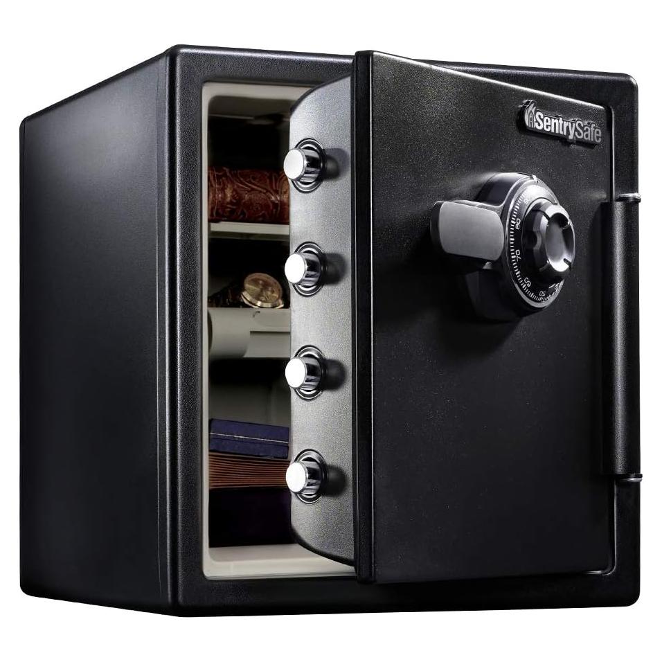 SentrySafe Fireproof and Waterproof Black Steel Home Safe with Dial Combination Lock for Cash, or Documents, 1.23 Cubic Feet, 17.8 x 16.3 x 19.3 x Inches, SFW123CU