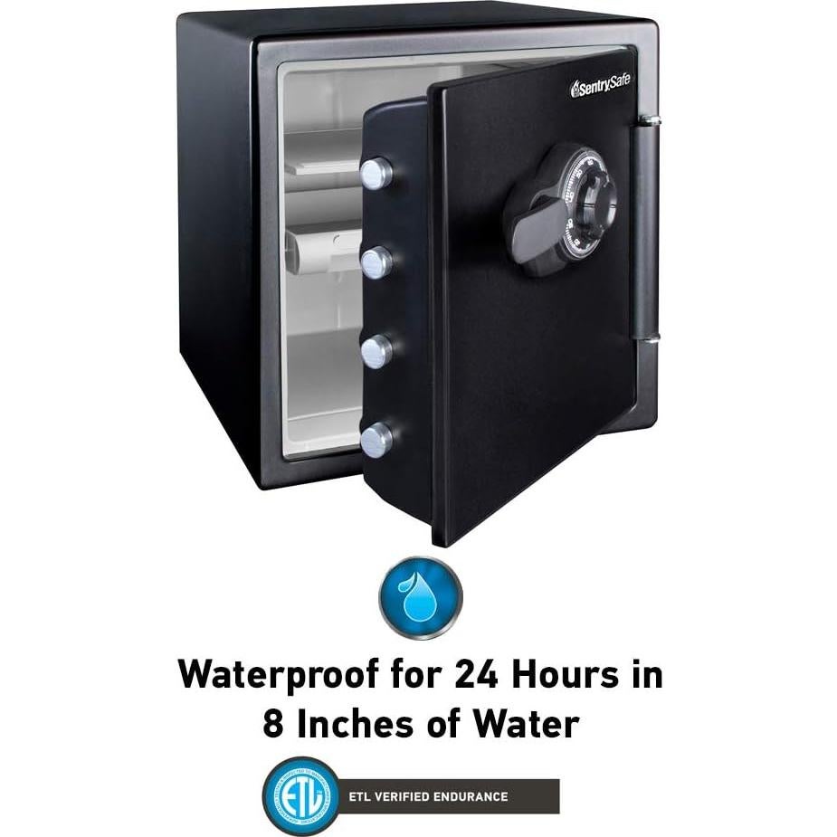 SentrySafe Fireproof and Waterproof Black Steel Home Safe with Dial Combination Lock for Cash, or Documents, 1.23 Cubic Feet, 17.8 x 16.3 x 19.3 x Inches, SFW123CU