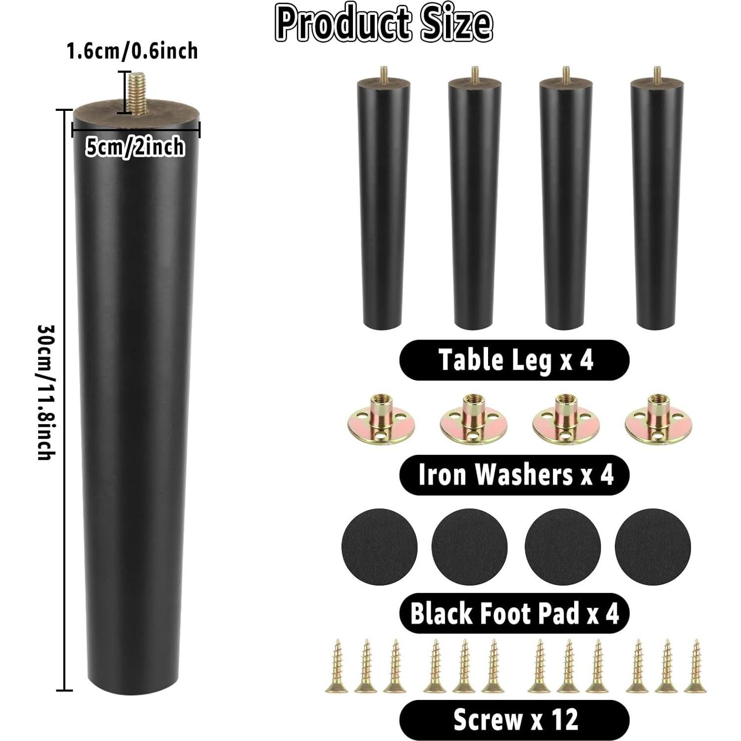 Patas de Muebles MUXHEL 30.48 cm Negras Redondas - 4 Pcs