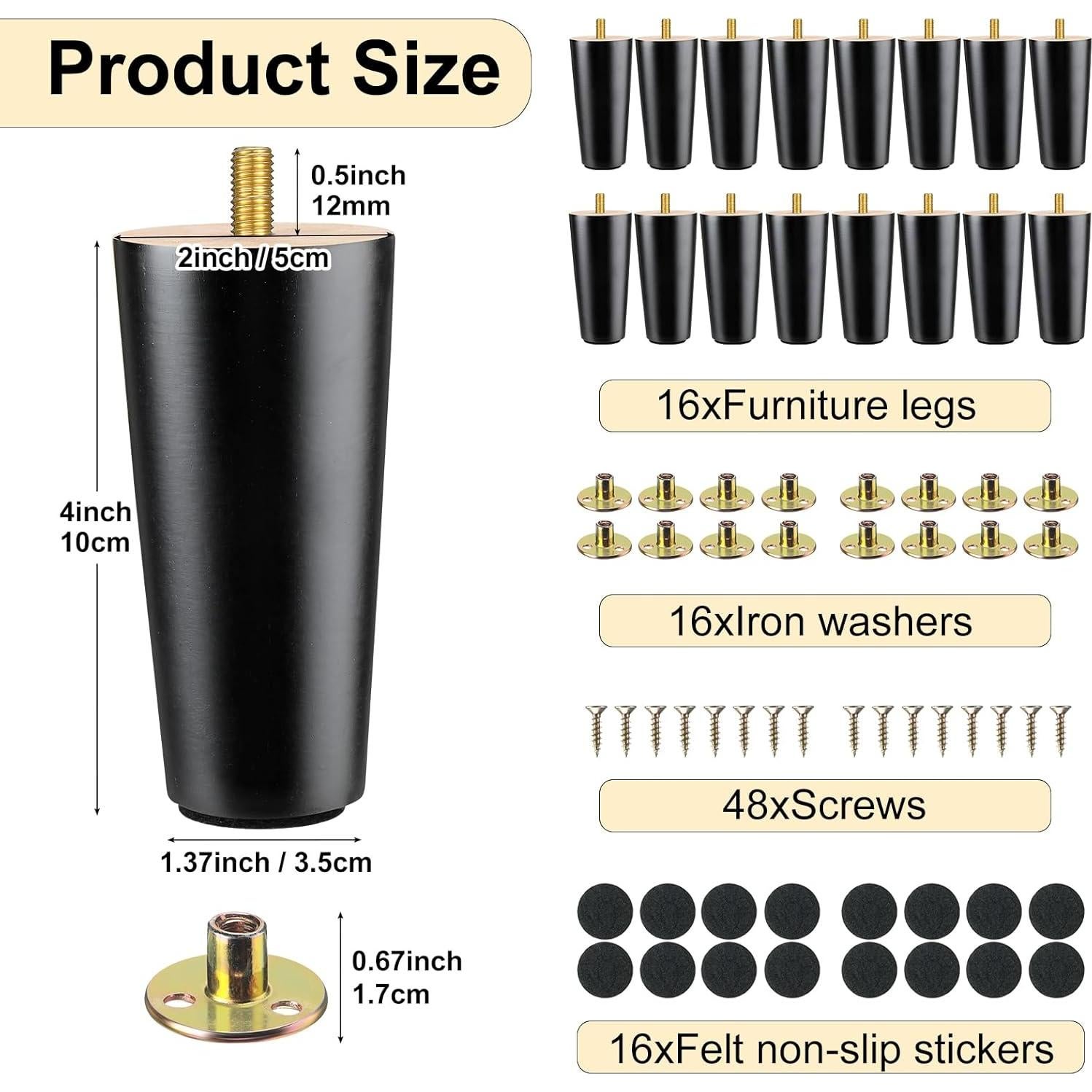 Patas de Muebles Maitys 10 cm Negras - 16 Pcs de Madera