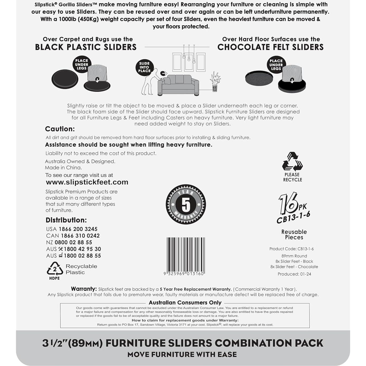 Deslizadores de Muebles Slipstick GorillaSliders 16 Piezas 89mm