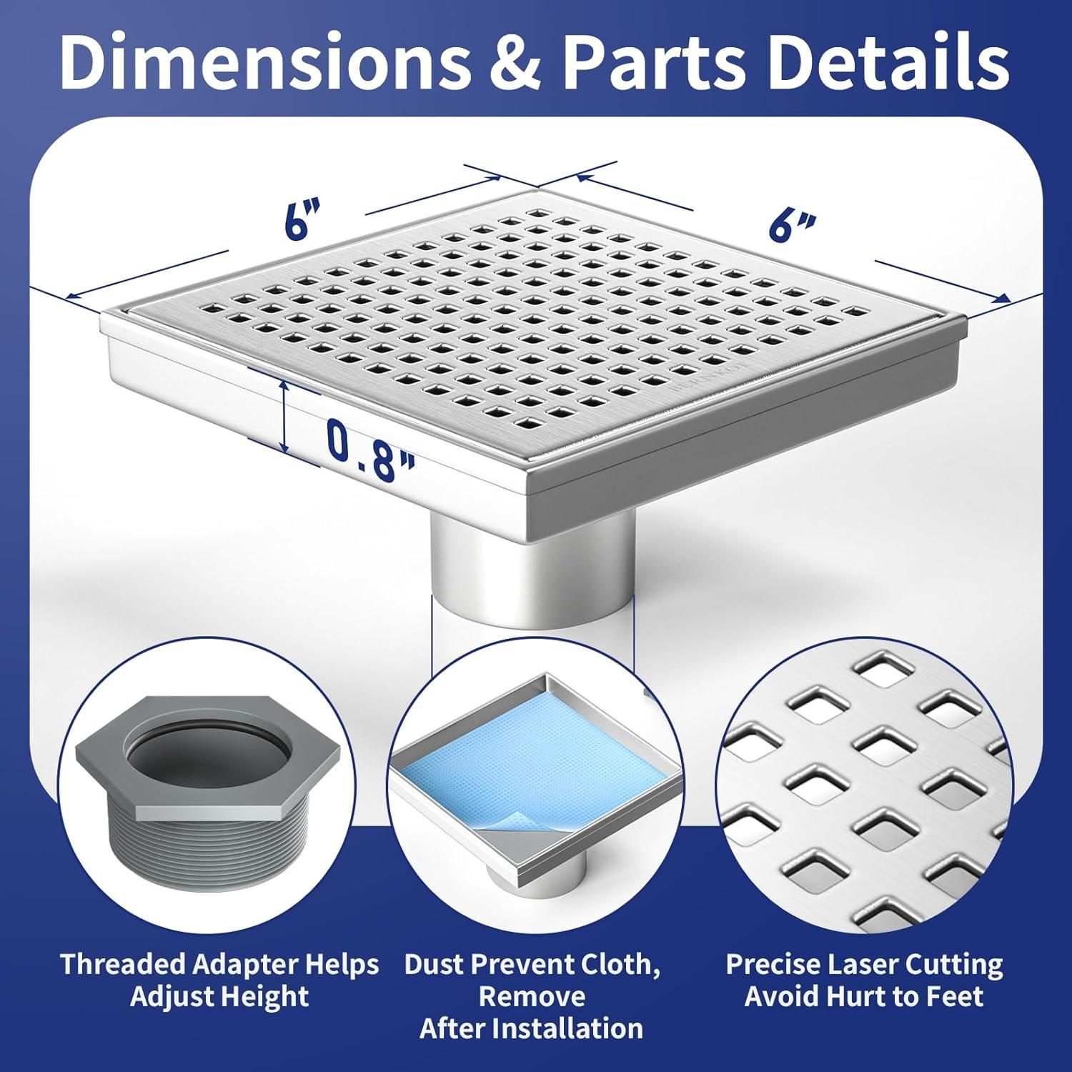 Desagüe de Ducha Cuadrado 15.24 cm Bernkot Acero Inoxidable