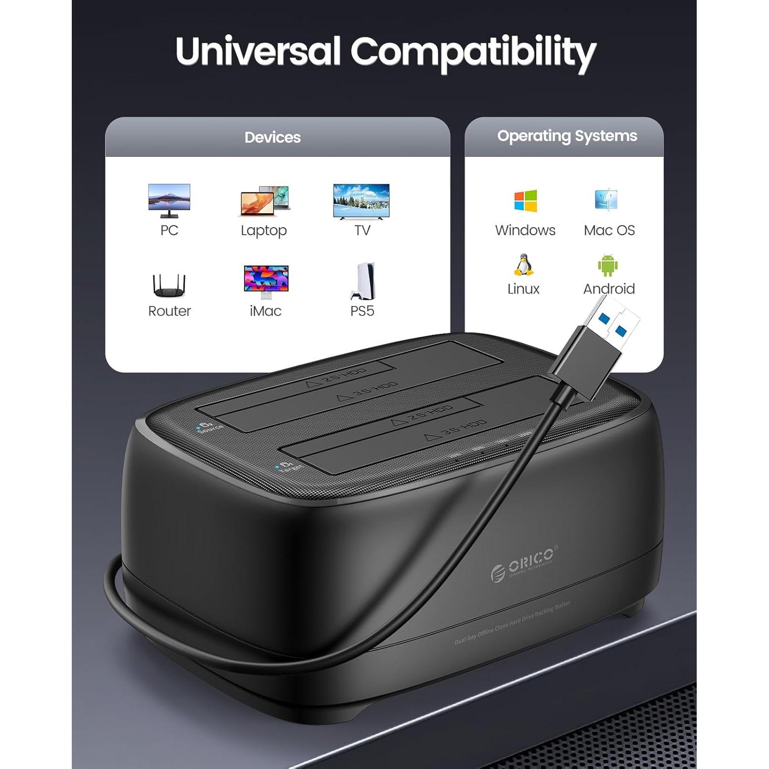 Estación de Acoplamiento ORICO DD28U3-C Doble Bahía USB 3.0