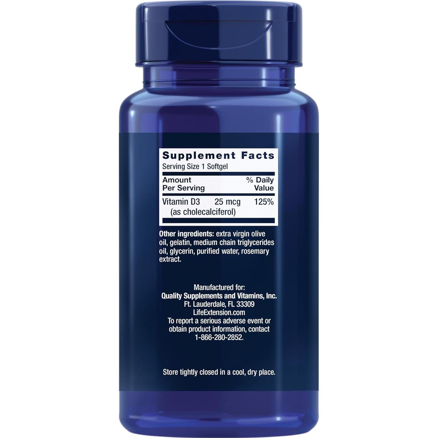 Vitamina D3 25 mcg Life Extension 250 gelatinas blandas