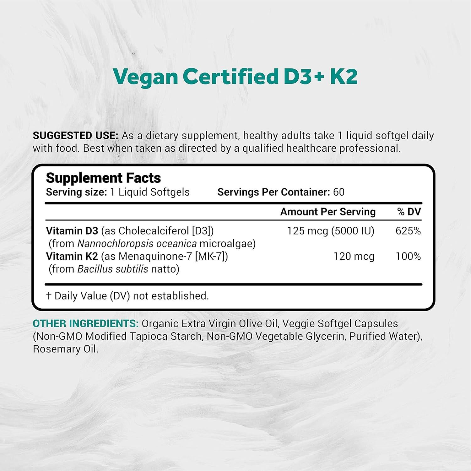 Vitamina D3 + K2 Vegana Naturalis 5000iu 120mcg 60 Cápsulas