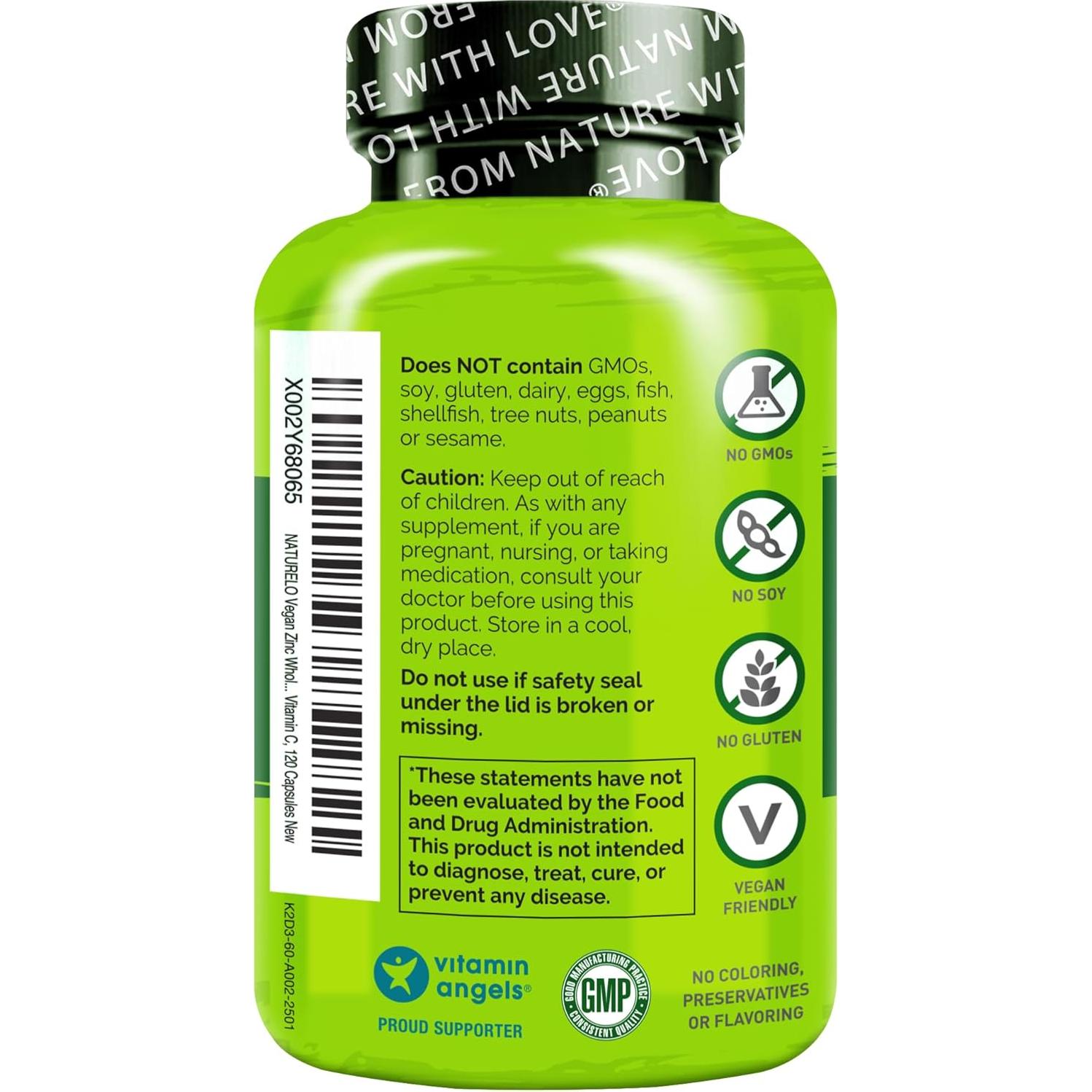 Cápsulas de Zinc Vegano NATURELO 120 Unidades - Apoyo Inmunológico