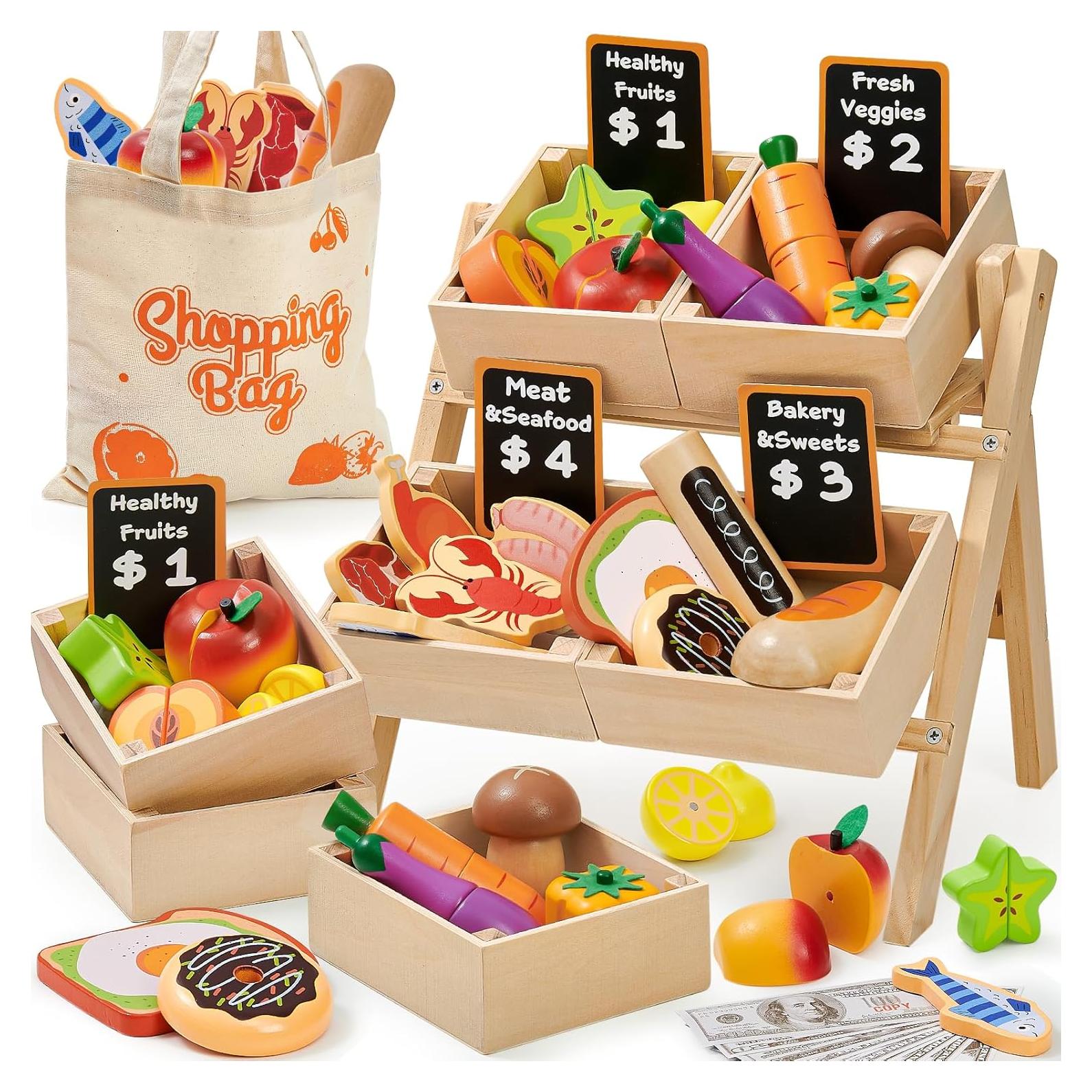 Juego de Comida de Madera Toyssa con Estante para Niños