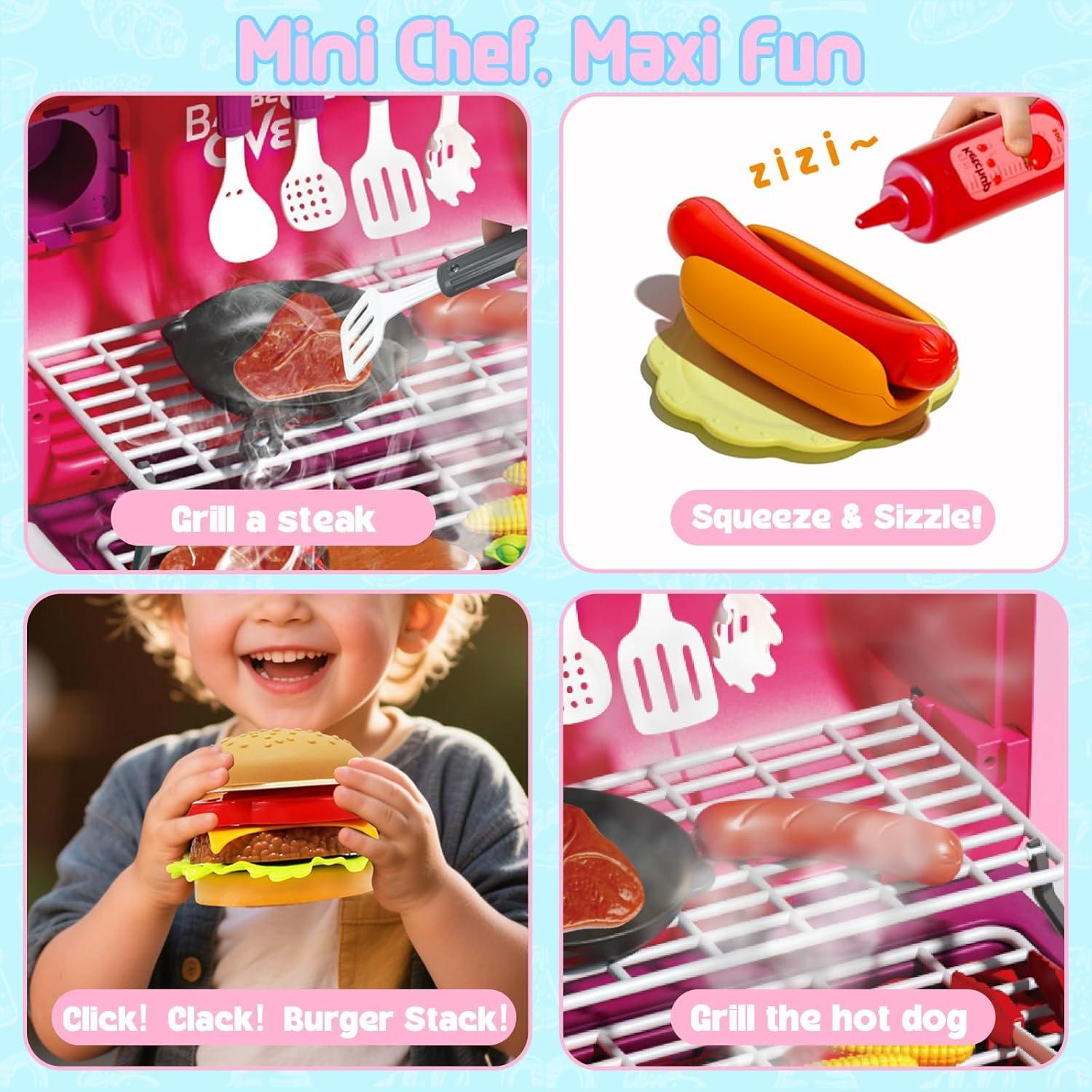 Set de Juego de Parrilla BBQ Rosa para Niños con Luz y Sonido