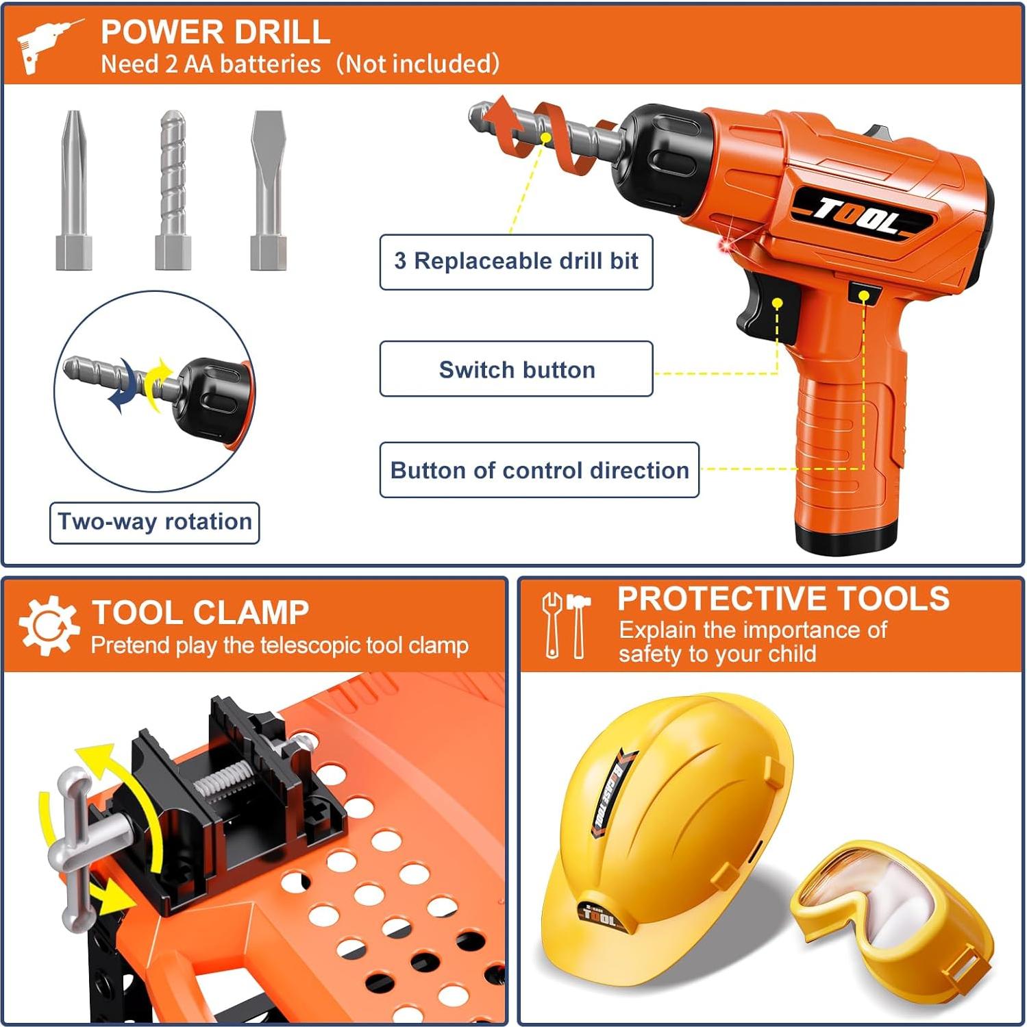 Banco de herramientas para niños BHYDRY 91 piezas con taladro