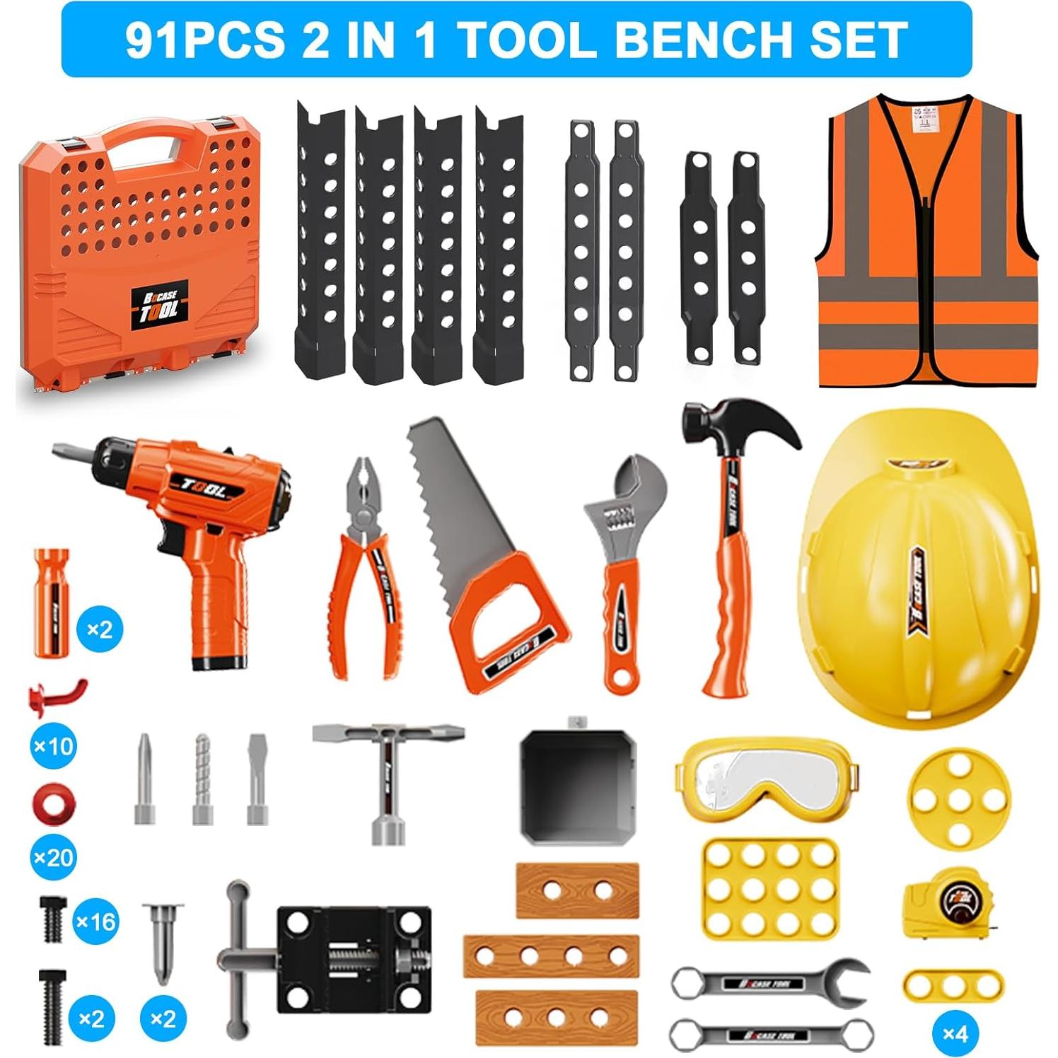 Banco de herramientas para niños BHYDRY 91 piezas con taladro