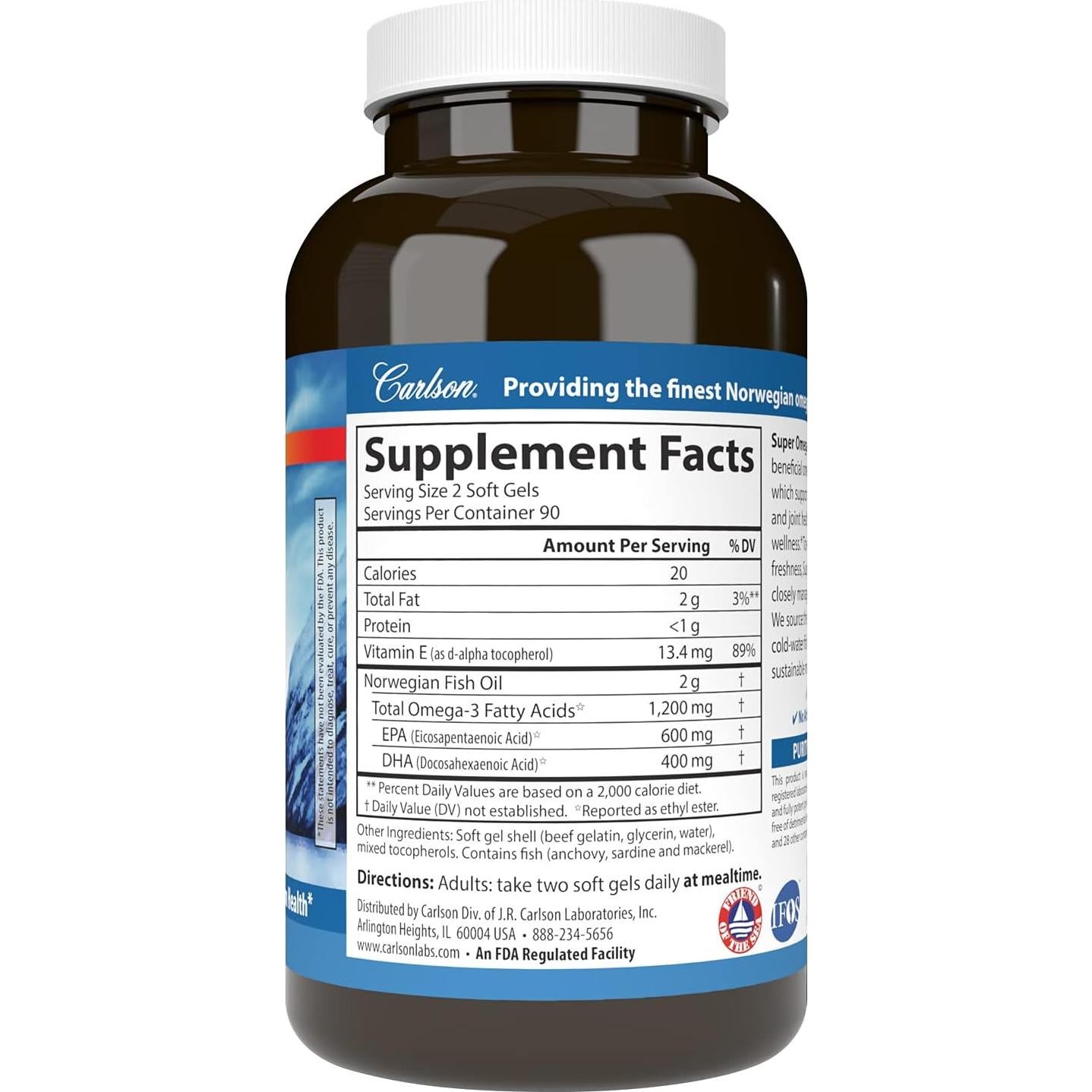 Suplemento Omega-3 Carlson 1200 mg 180 geles blandos
