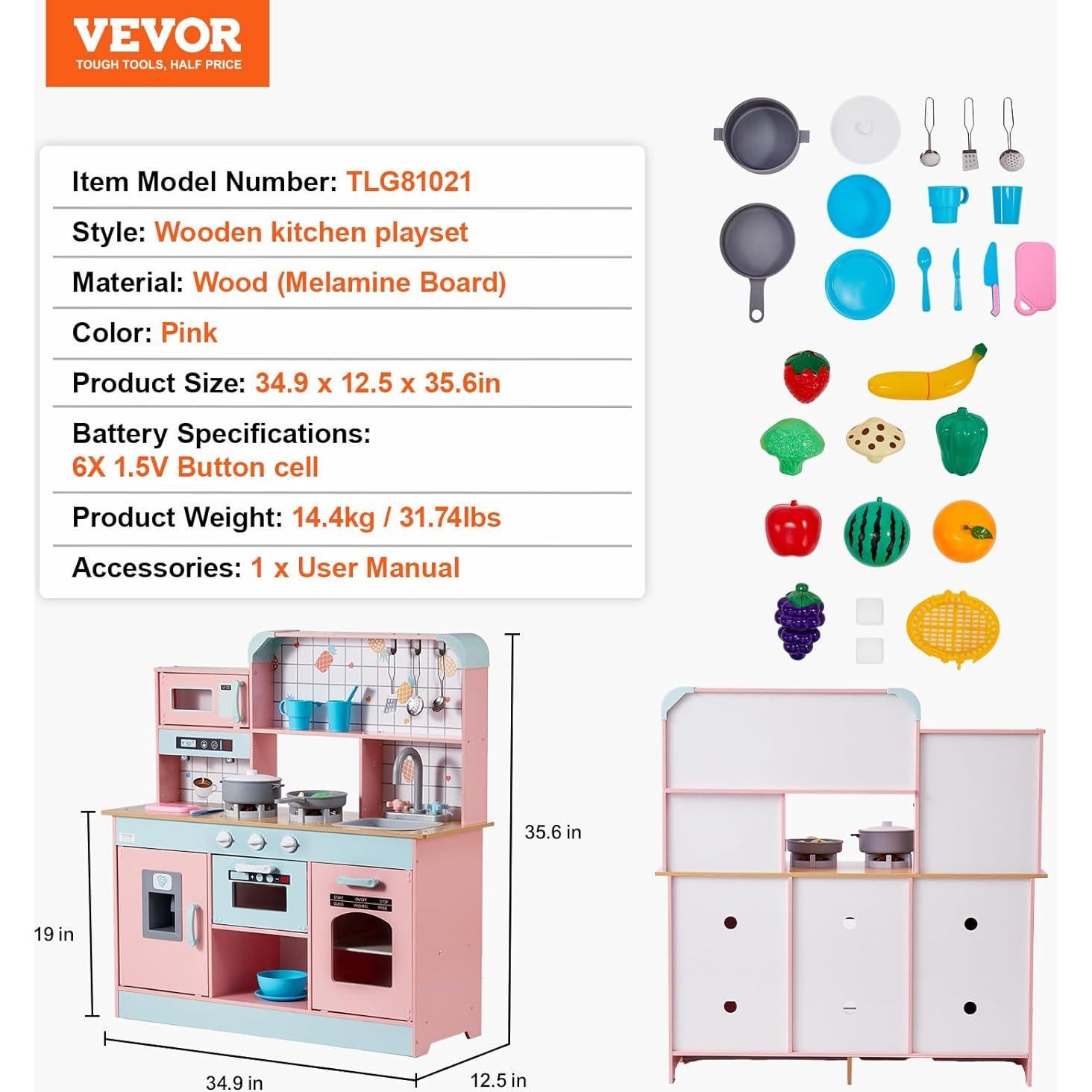 Cocina de Juguete de Madera VEVOR Rosa con Luces y Sonidos