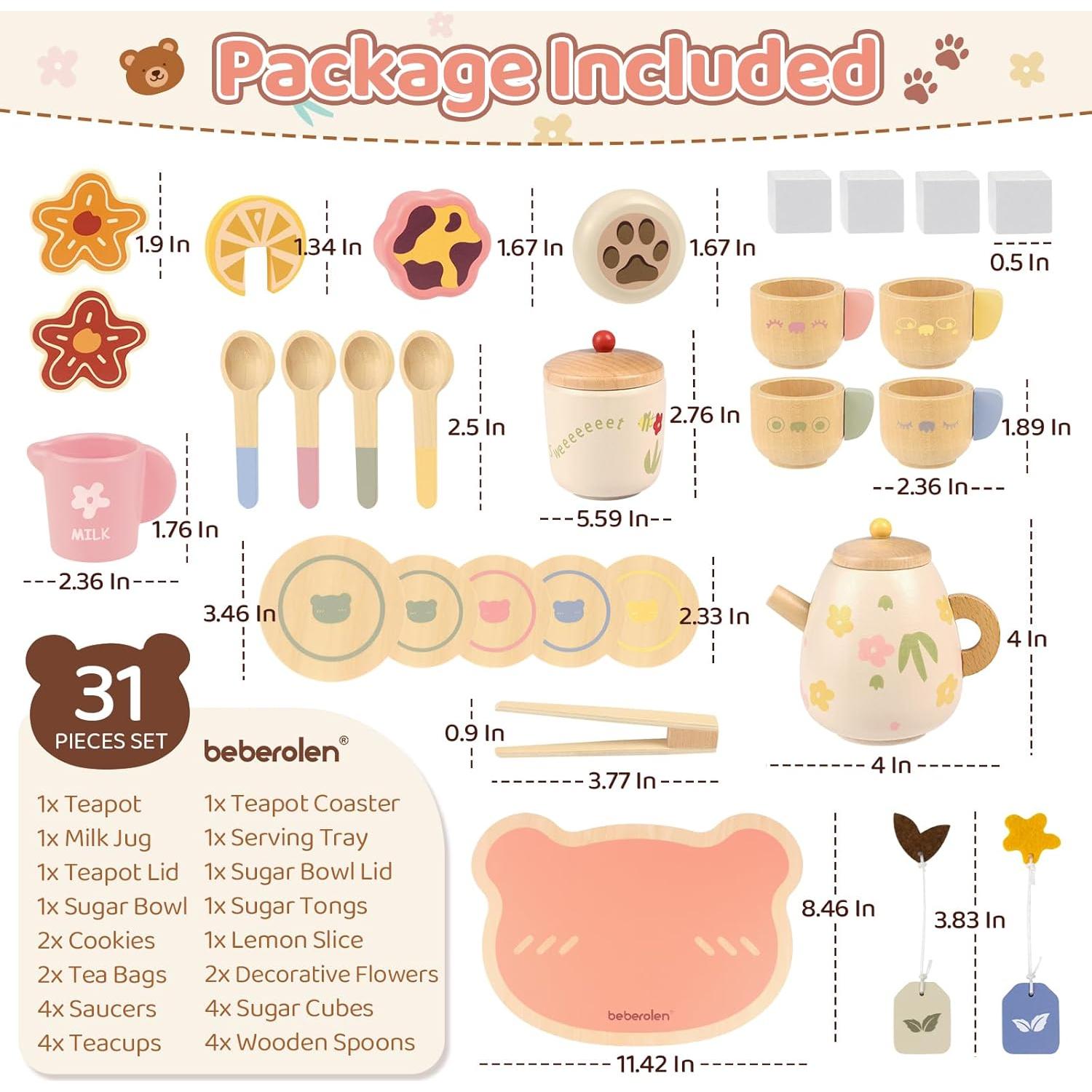 Juego de Té de Madera Beberolen para Niños 3-5 Años