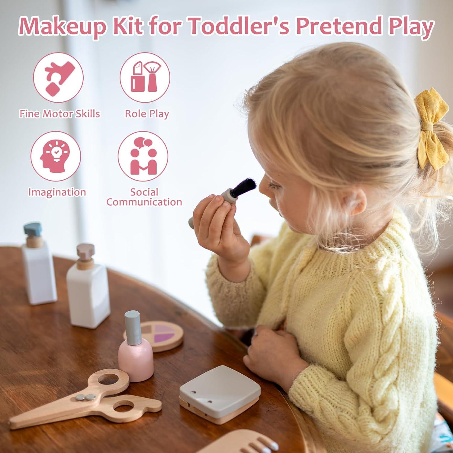 Juego de Maquillaje de Madera 22 Piezas para Niñas 3-6 Años