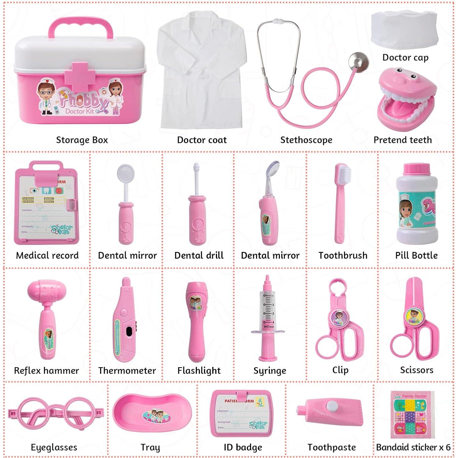 Kit de Doctor Phobby Rosa 27 Piezas Estetoscopio Real Niños 3-8 Años
