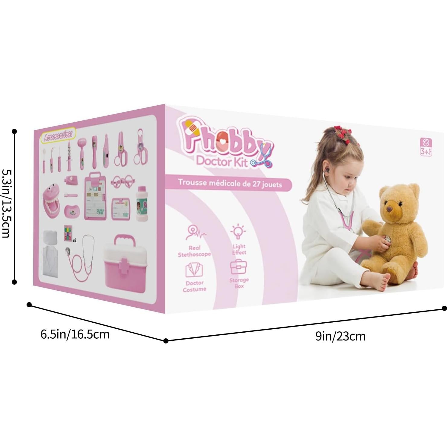 Kit de Doctor Phobby Rosa 27 Piezas Estetoscopio Real Niños 3-8 Años