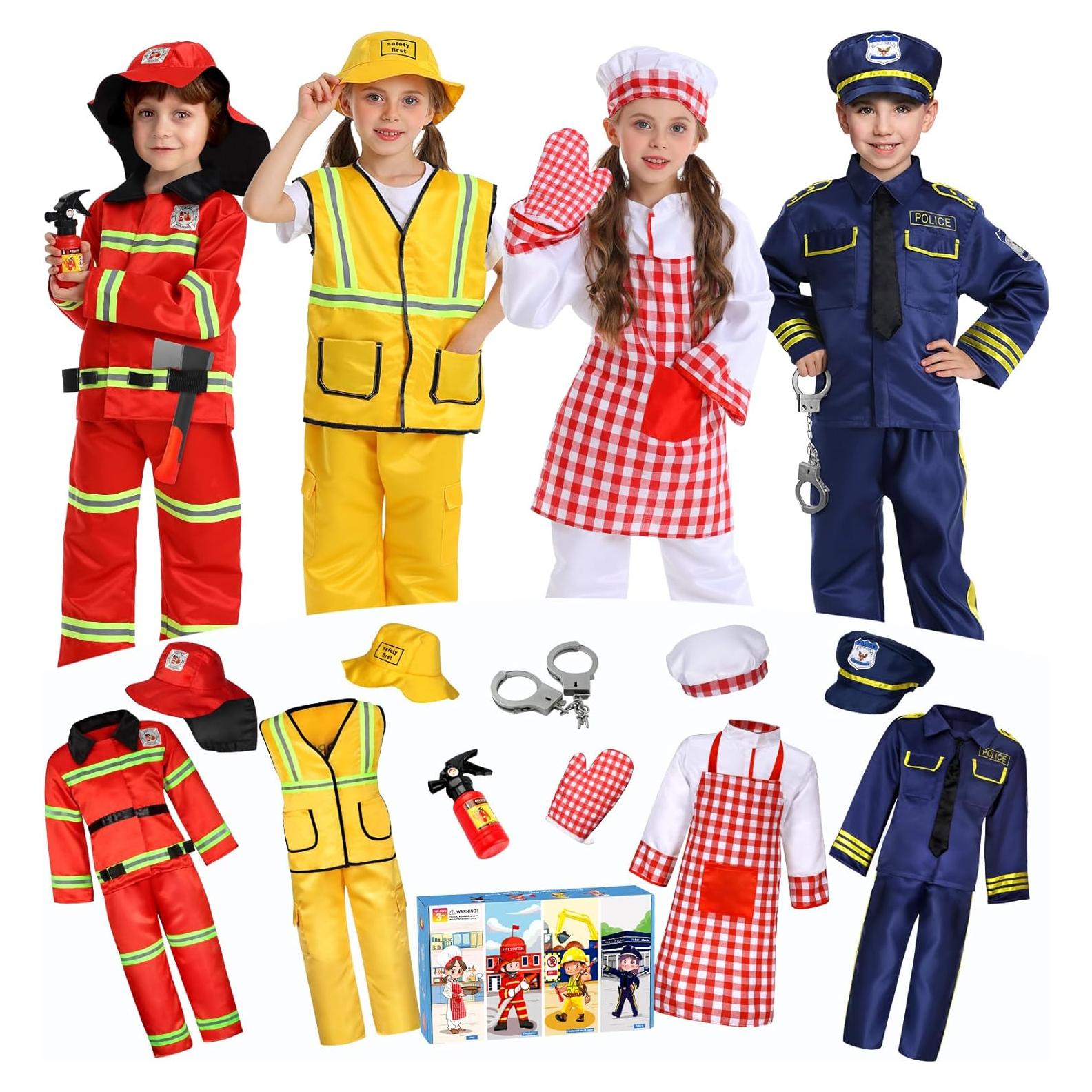 Conjunto de Disfraces 4 en 1 para Niños 3-6 Años - Bombero, Policía, Chef, Construcción