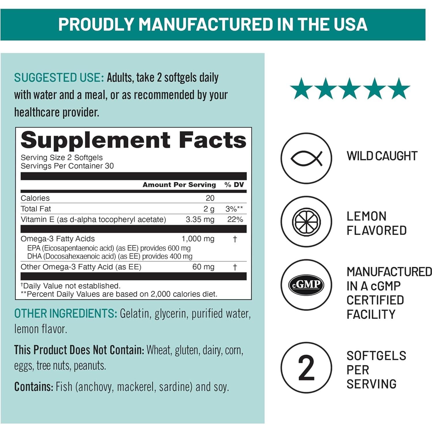 NatureWise Omega 3 Suplemento 1000mg + Vitamina E - 60 Cápsulas