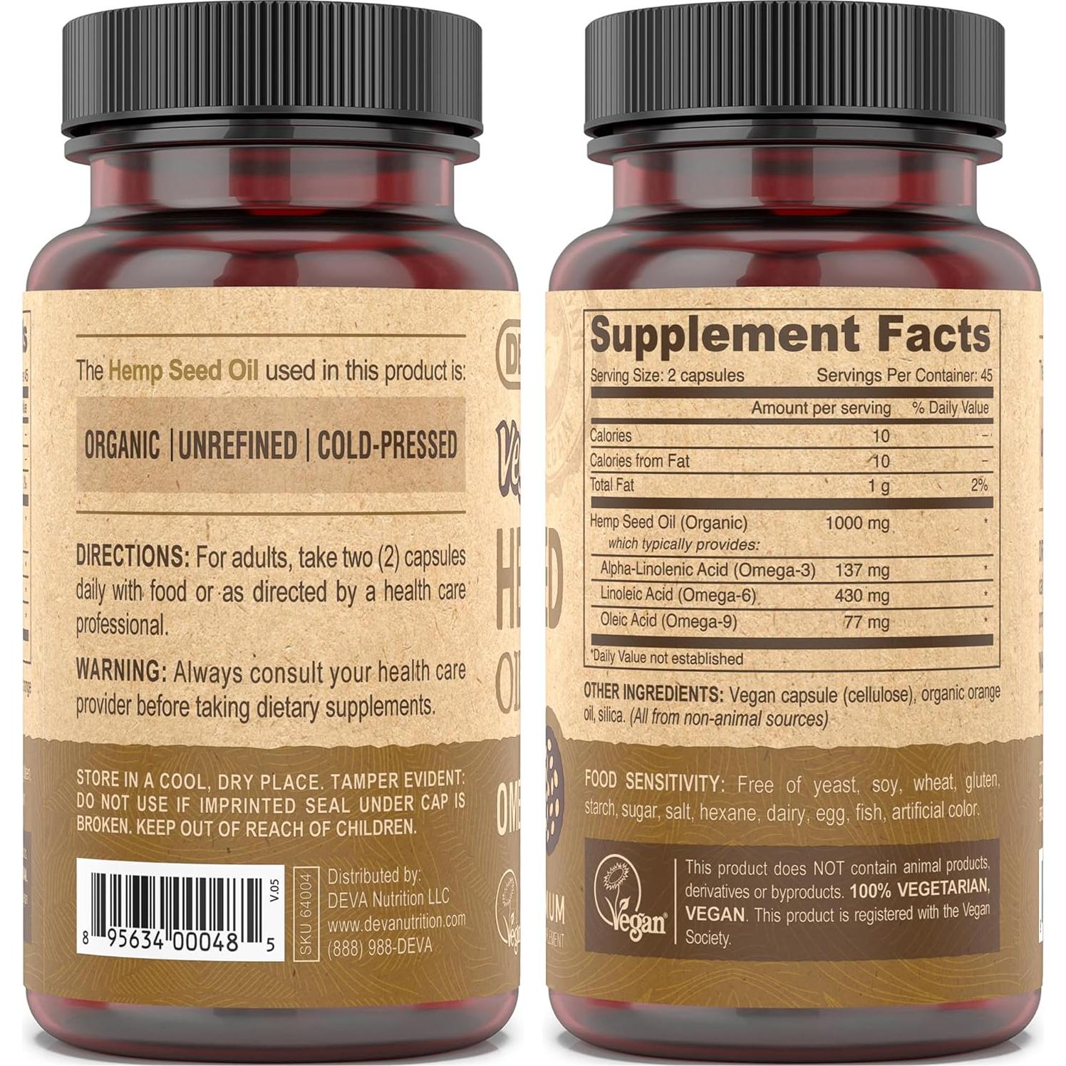 Cápsulas de Aceite de Semilla de Cáñamo DEVA - 90 Veganas