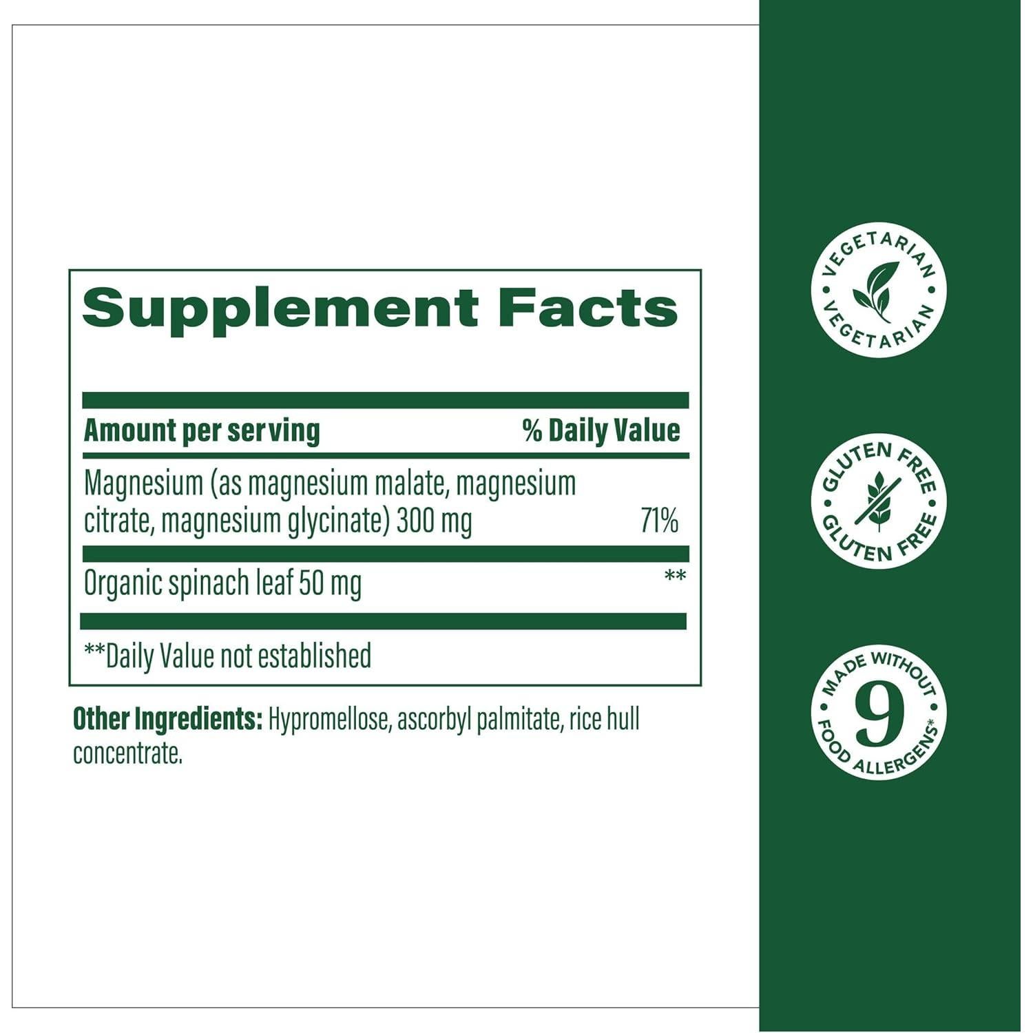 MegaFood Magnesio 300 mg - Glicinato, Citrato y Malato - 60 Cápsulas