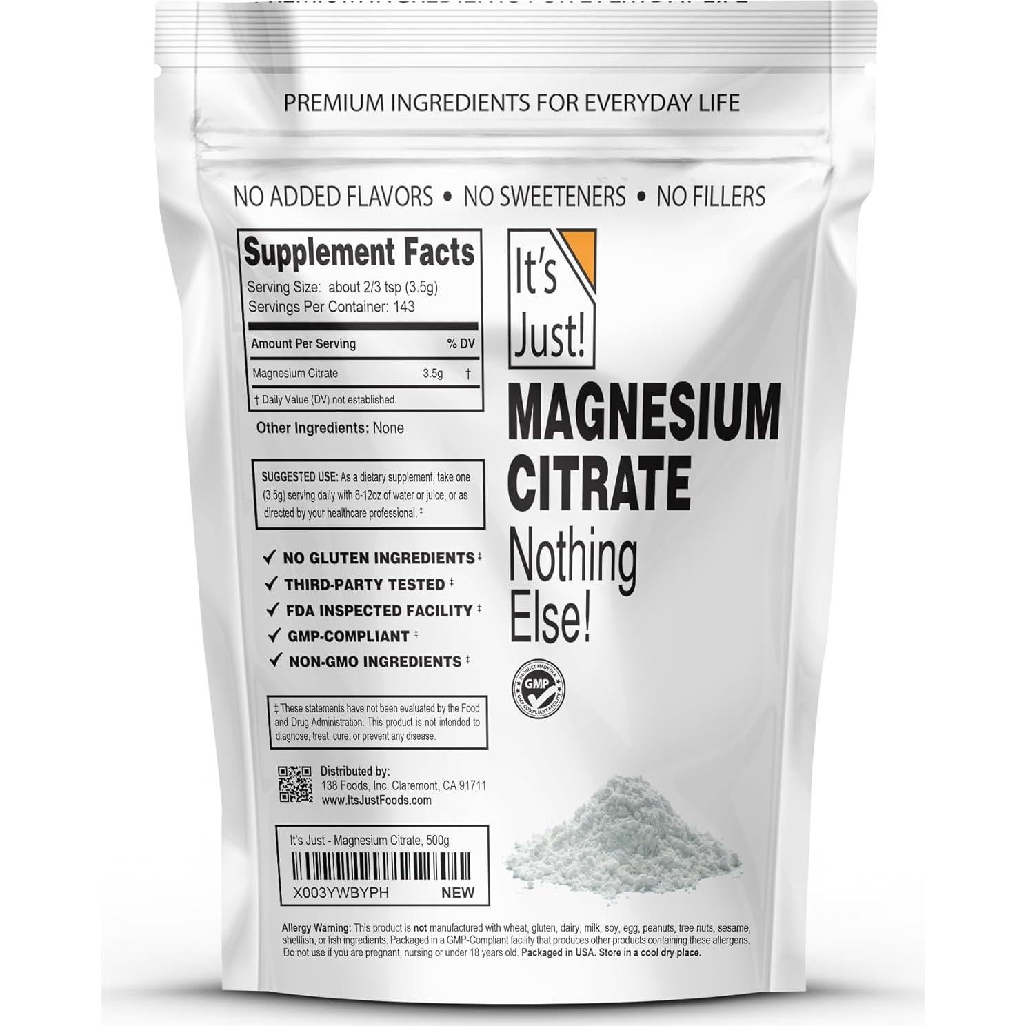 Polvo de Citrato de Magnesio Es Solo 500g - Suplemento Sin Sabor