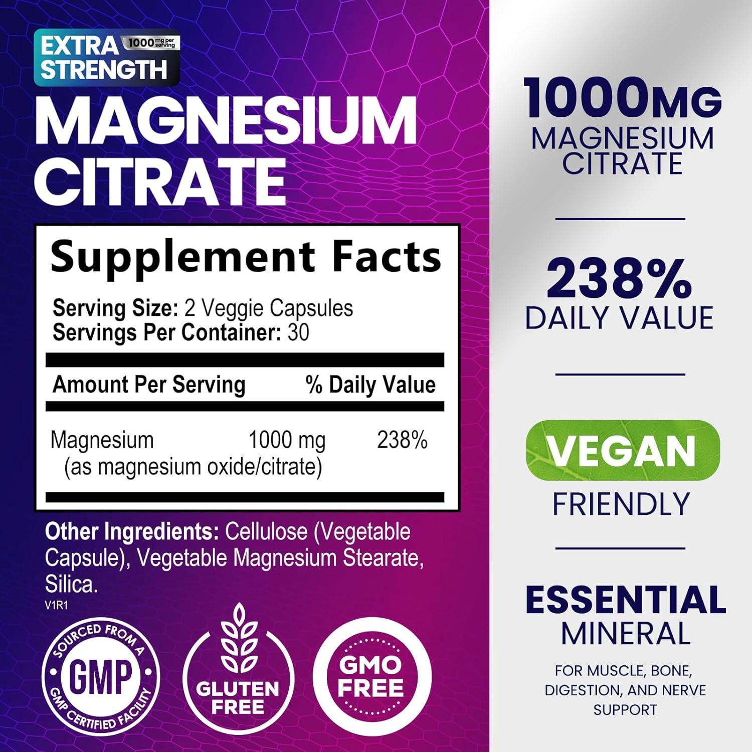 Suplemento de Citrato de Magnesio 1000 mg - 60 Cápsulas Naturales