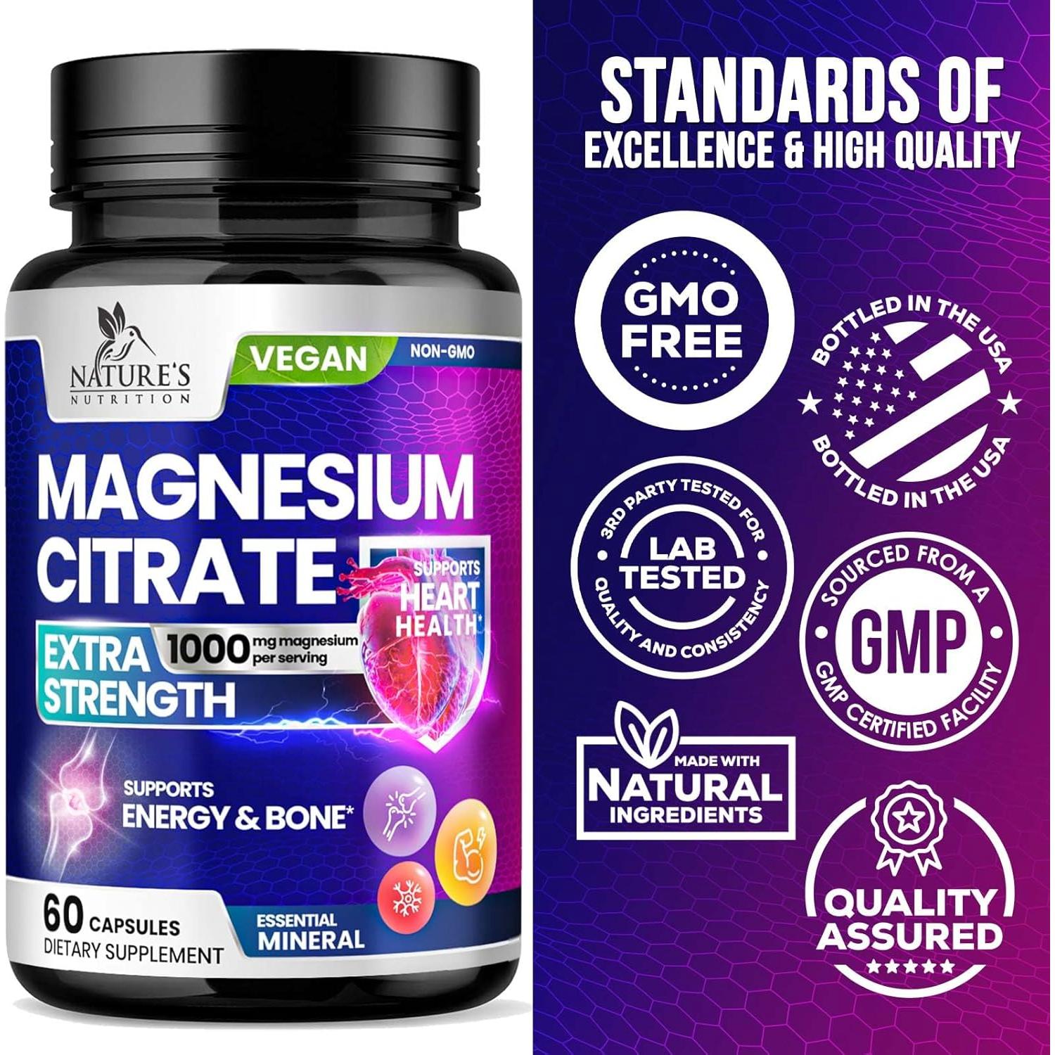 Suplemento de Citrato de Magnesio 1000 mg - 60 Cápsulas Naturales