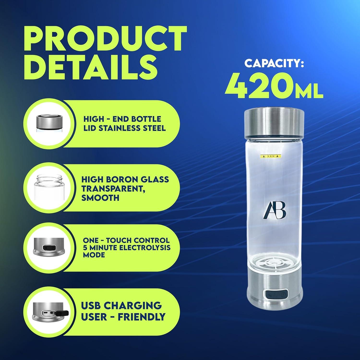 Botella Generadora de Agua Hidrógeno AB 420ml Vidrio Borosilicato