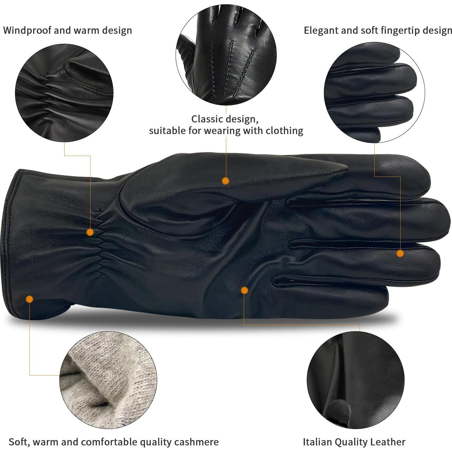 Guantes de Cuero ZLUXURQ para Hombre - Forro de Cachemira